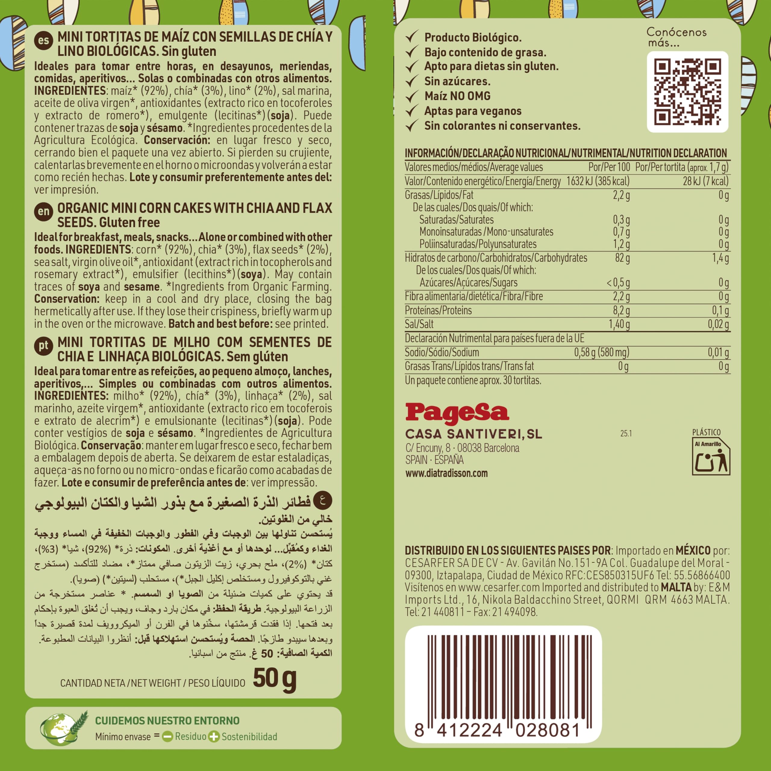 DIAT Radisson Mini Tortitas de Maíz Sin Gluten BIO | Tortitas con semillas de Chia y Lino | Producto Gluten Free | Bajo en Grasas | Tortitas ecológicas | Apto para Veganos | Maíz no GMO