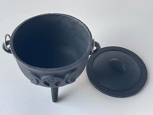 Miniatura 2 de Caldero de hierro fundido Triple Moon con tapa y asa, caldero de brujas, ideal para usar con incienso de carbón, salvia manchada, 4.25 a 4.5 pulgadas