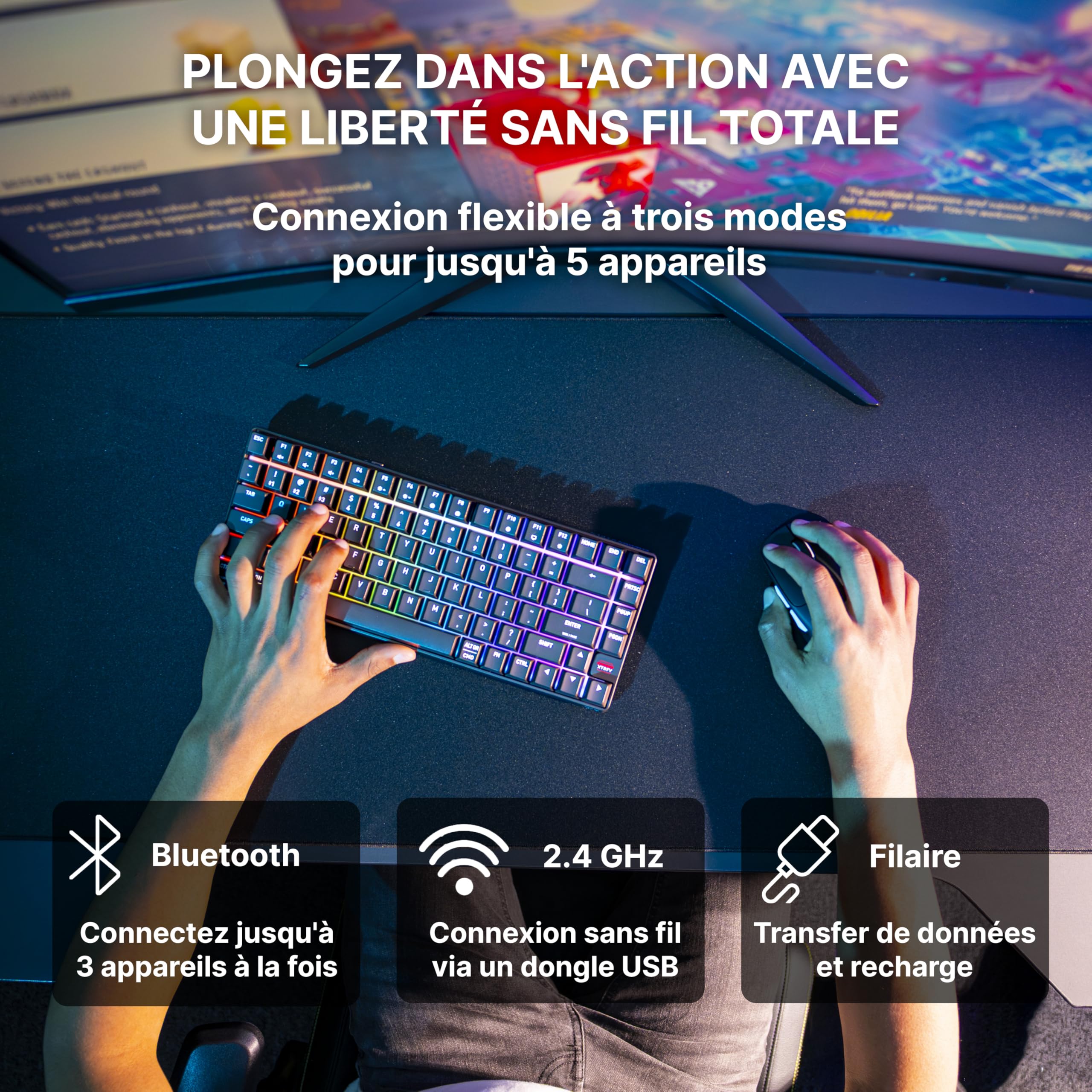 K33 Compact Wireless, Clavier Gaming sans Fil Mem-chanical 75%, Multi-Appareils, Rétroéclairage RGB, IP54 Résistant à la Poussière et Aux Éclaboussures, Disposition FR (AZERTY), Noir