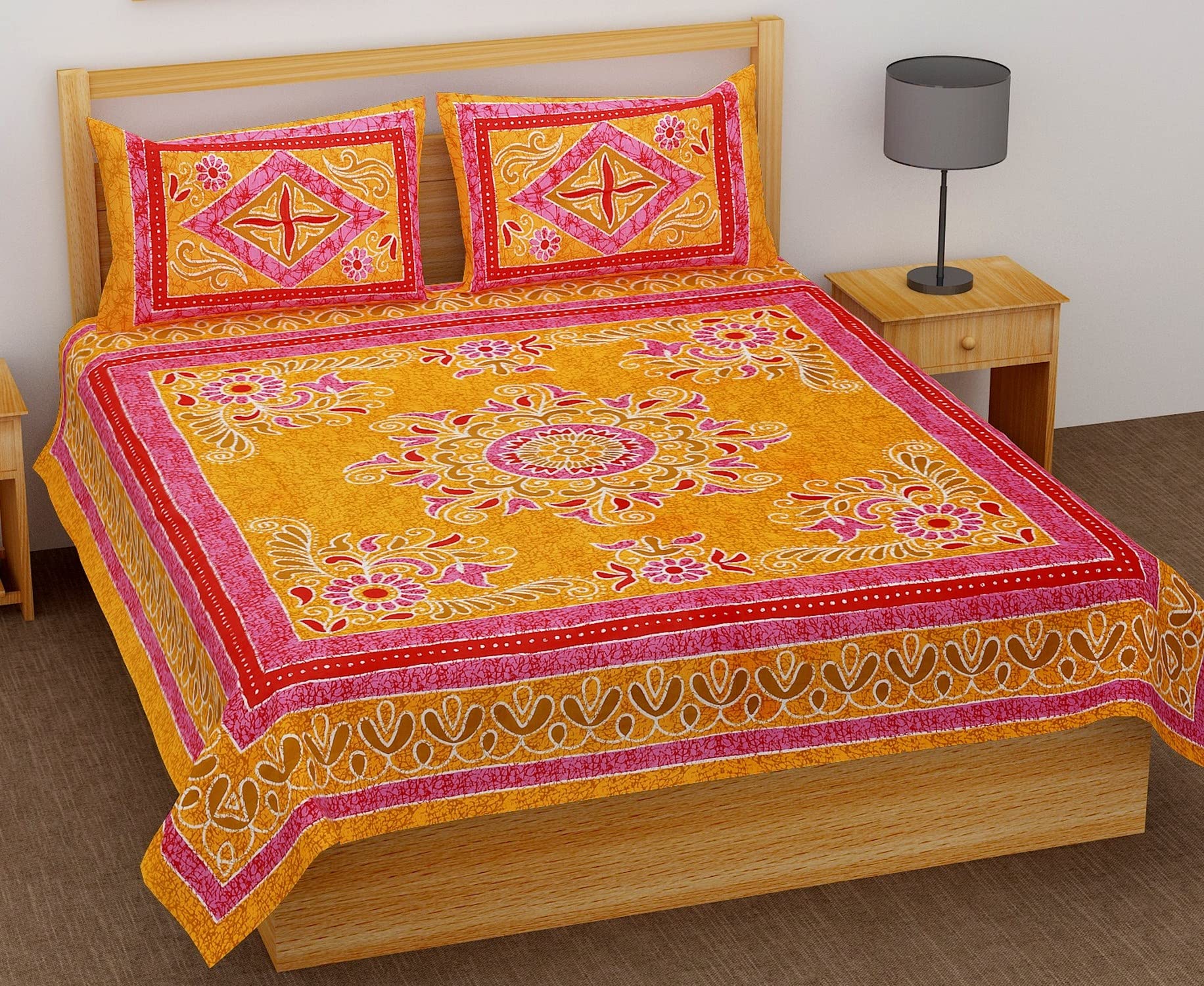 Best Sheet � Super Cotton Double Bed Bedsheet 151 TC with 2 Pillow Cover Bed Set - Yellow | Jaipuri Print Batik|