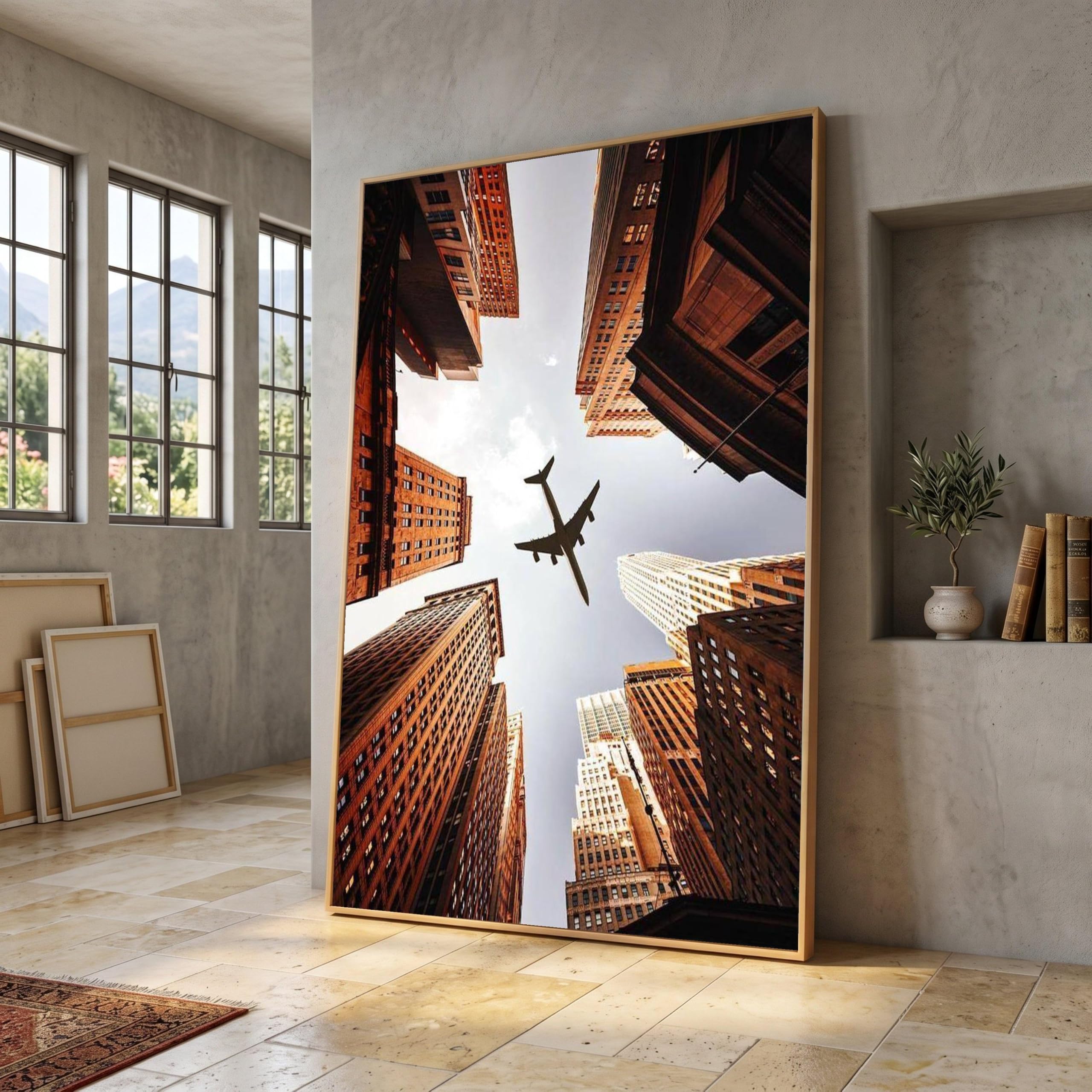 Tongyinli Frameless Urban City Skyline Canvas Posters, Airplane Silhouette Wall Art, Modern Architecture Decor Painting(70X110cm/Frameless)