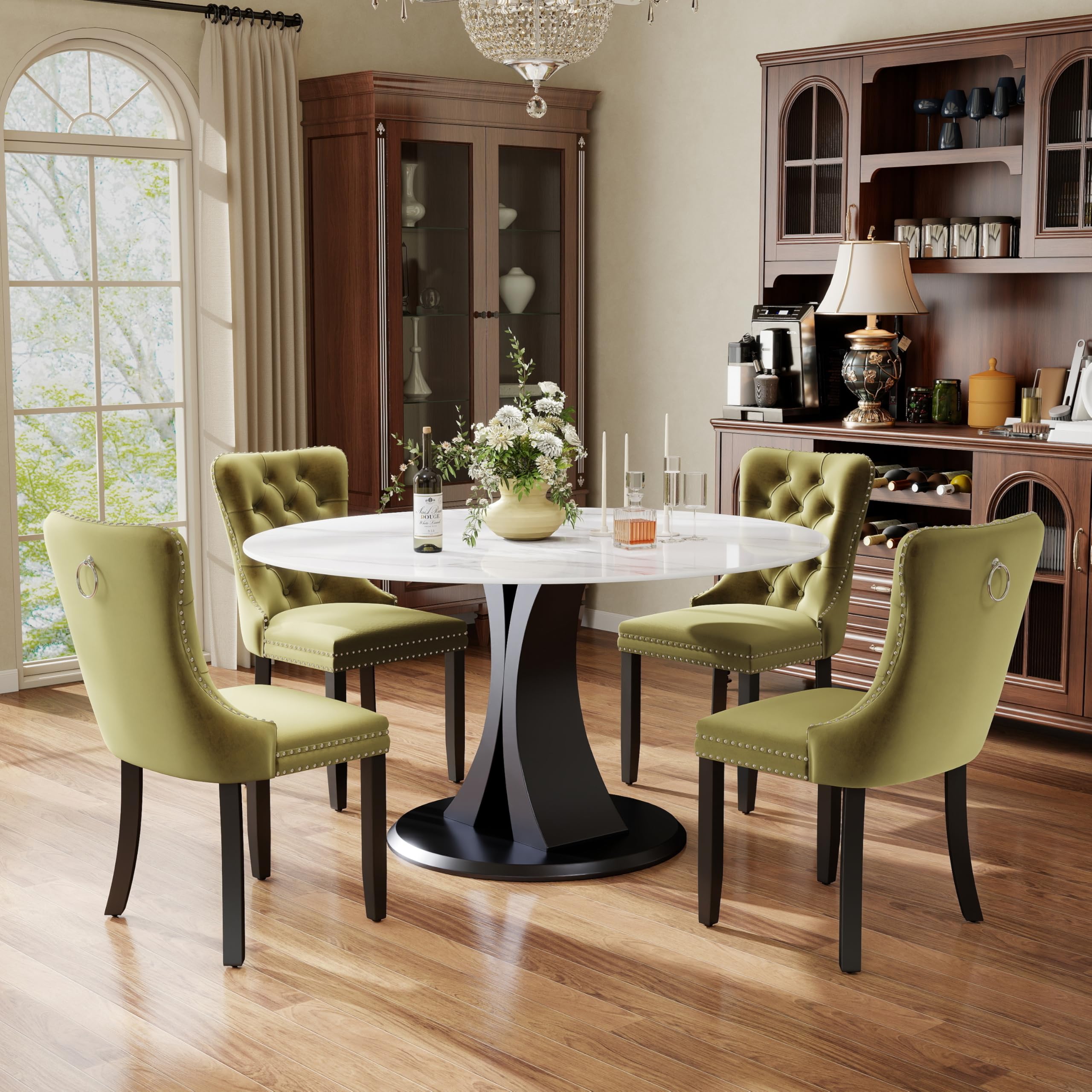 5-Piece Dining Table Set with 47In Faux Marble Table and 4 Velvet Upholstered Chairs, Modern Scandinavian Furniture for Dining Room Kitchen(Olive Green)