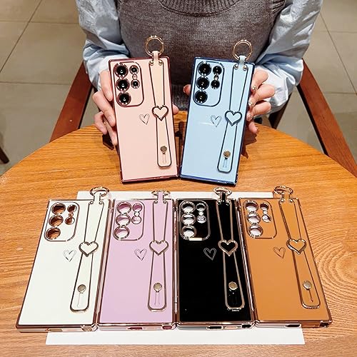 Vista 62 de ZTOFERA Funda para Samsung Galaxy S22 Plus 5G con correa para la muñeca, bonito borde chapado de lujo, patrón de corazones de amor para niñas y Azul