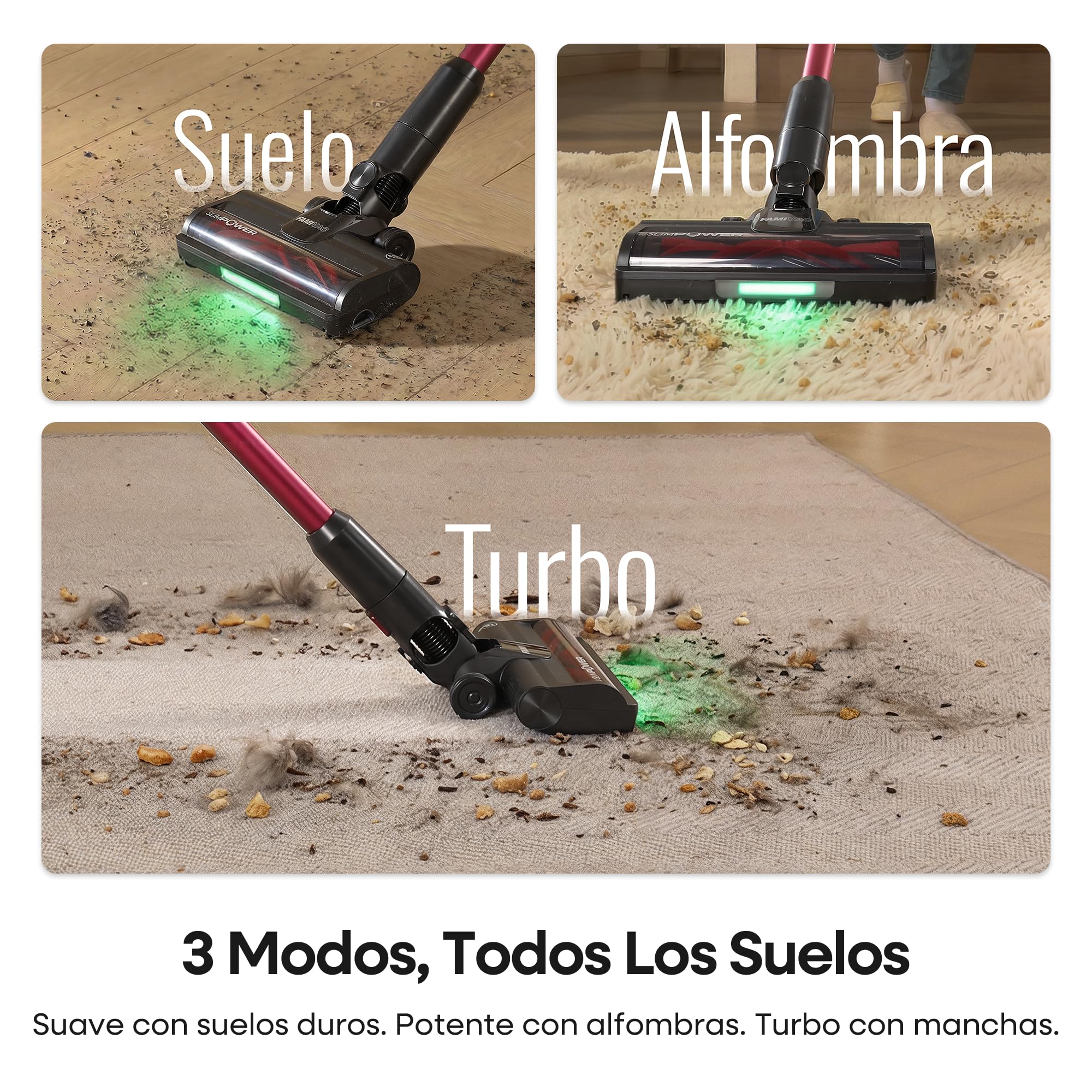 FAMIVAC FV3 Aspiradora sin Cable 60KPa/50Min/120㎡, Barra Plegable, Autoportante con Cepillo Antienredo y Luz Verde, Ligero de 1.5KG, Aspiradora de Mano para Suelos/Alfombras/Pelos/Coche