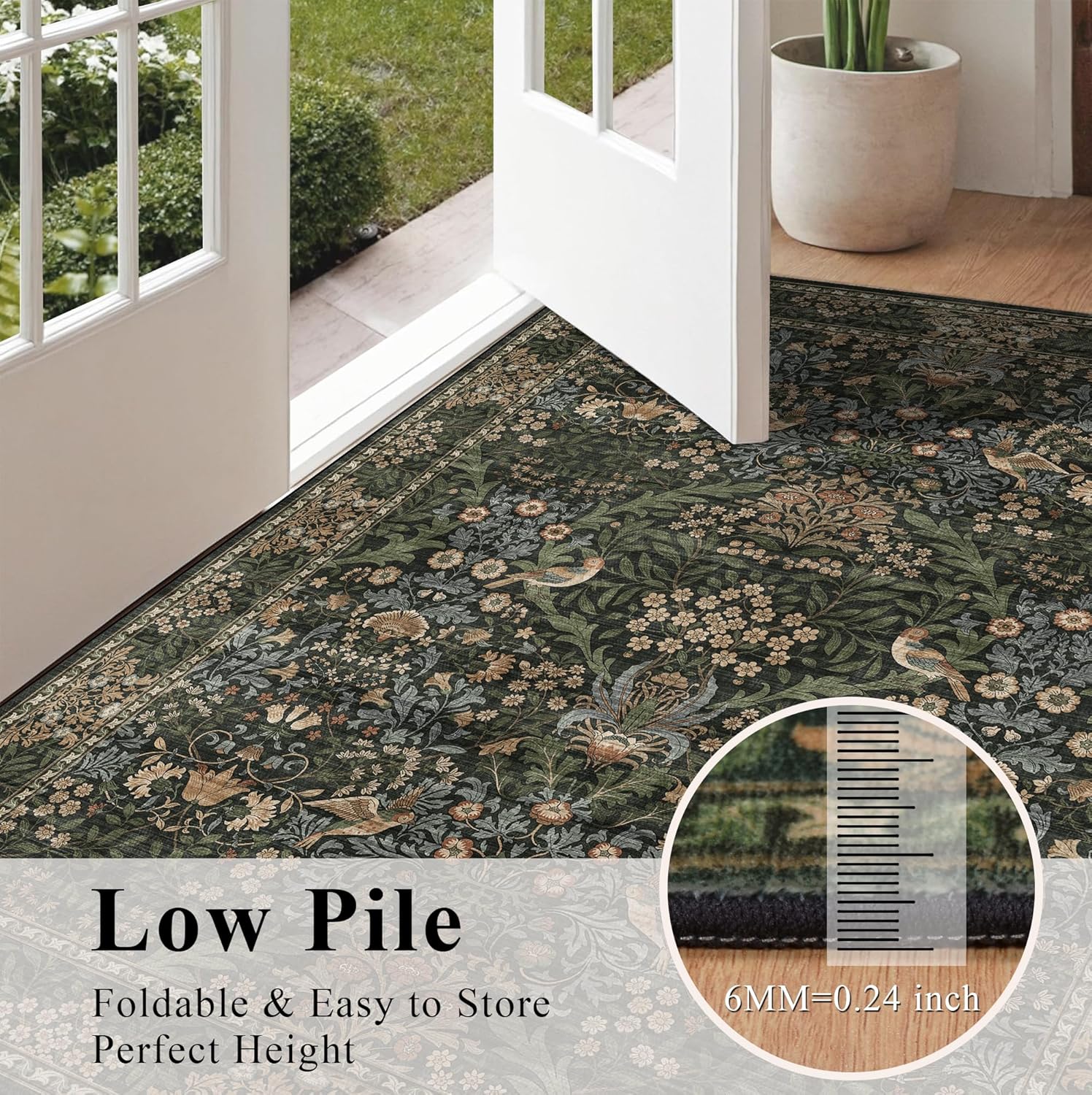 2x3 Floral Washable Area Rug for Entryway, Vintage Boho Rugs for Living Room Bedroom Dining Room, Botanical Birds Non Slip Low Pile Forest Animal Throw Carpet for Farmhouse Office, Retro Gold/Green