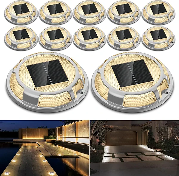 Solar Driveway Lights Dock Lights Waterproof 12 Pack, 2 Colors in 1 Outdoor LED Solar Deck Lights, Solar Powered Walk Way Lights Road Marker for Warning Stair Pathway Patio (Warm & Cool) War