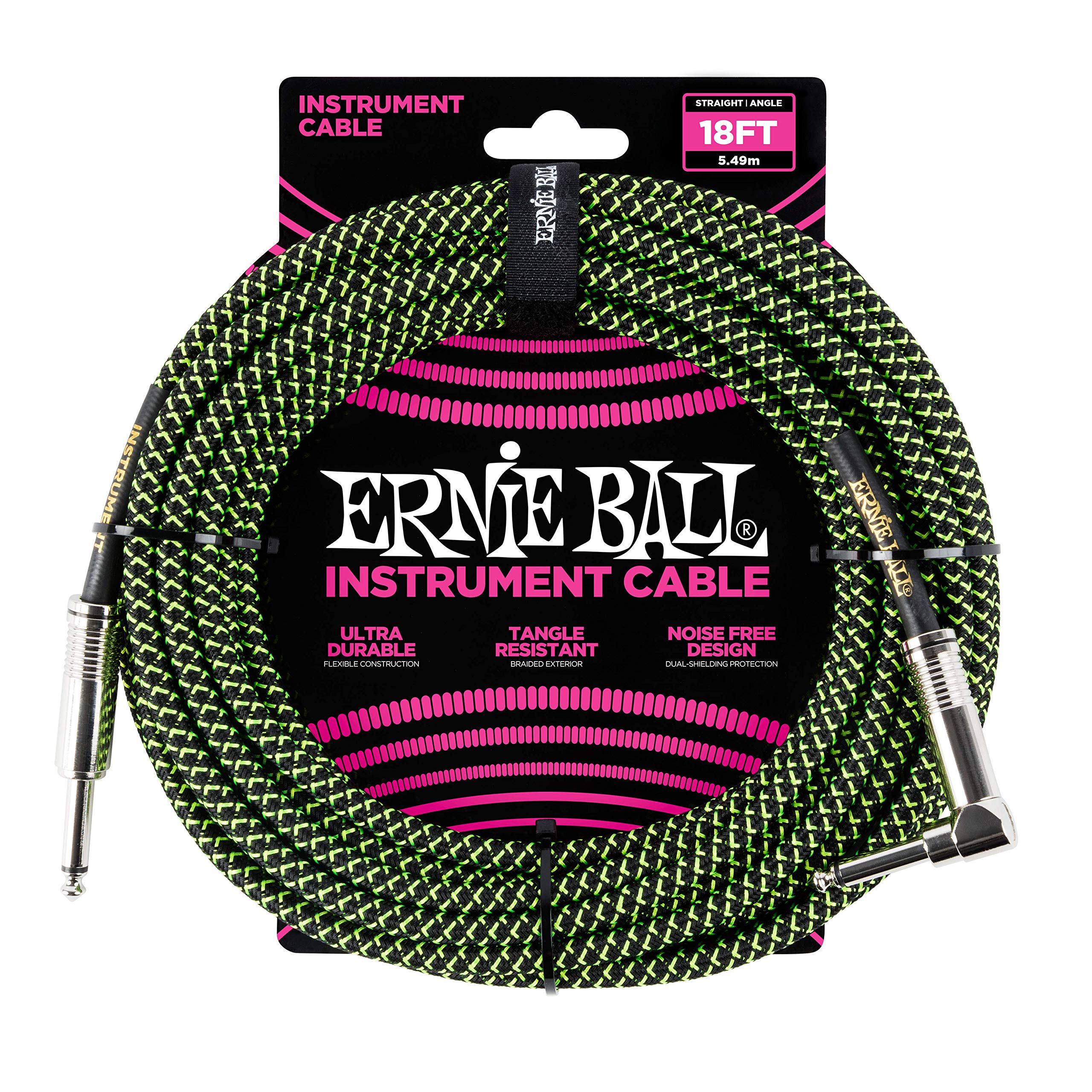 Braided Instrument Cable, Straight/Angle, 18ft, Neon Green/Black (P06082)