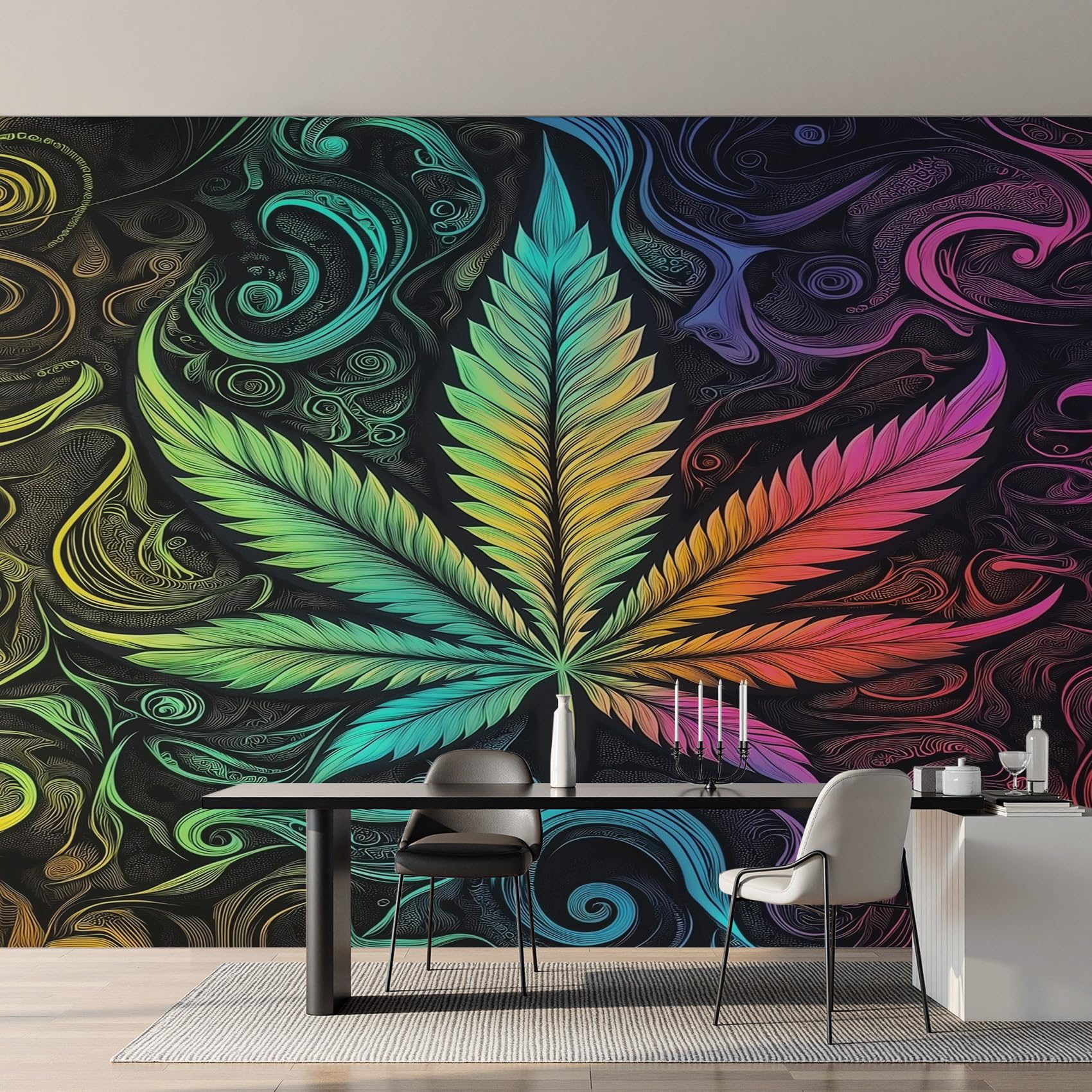 Fresque murale intissé salon au motif papier peint panoramique marijuana