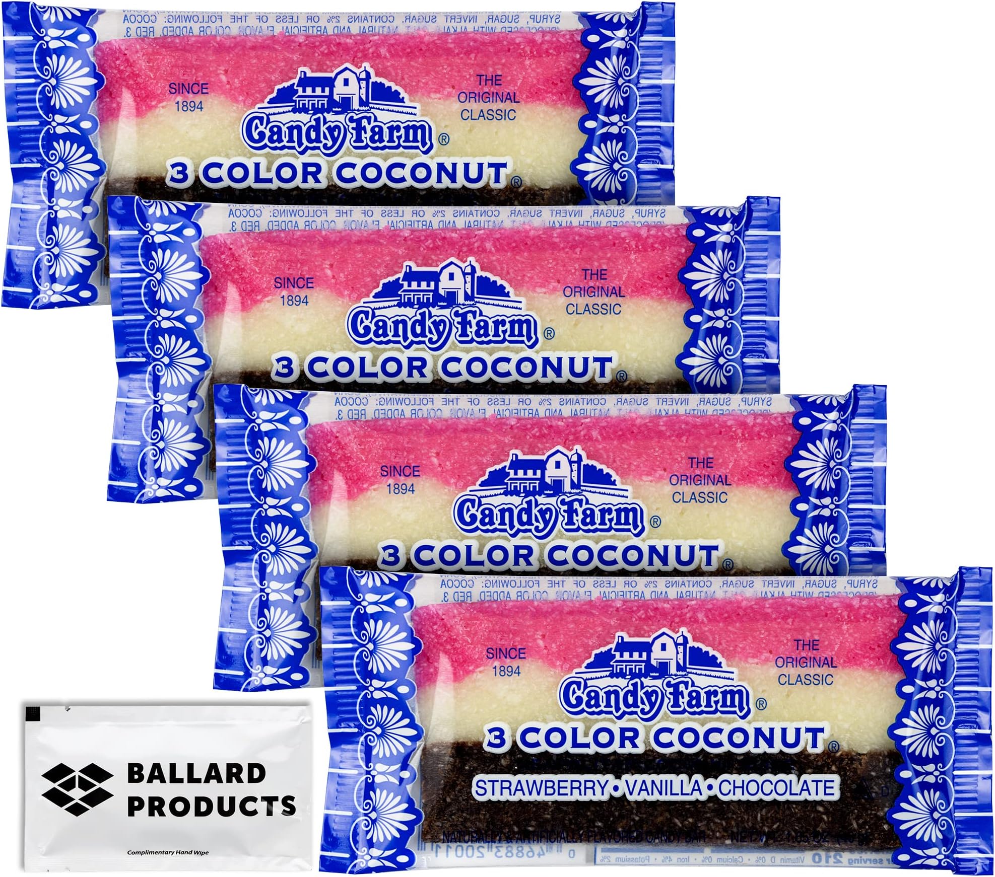 Candy Farm Neapolitan Coconut Candy Slices - 4 Bars of Nostalgic Candy of Coconut - Old Fashioned Candy - Bundle with Ballard Products Moist Towelette