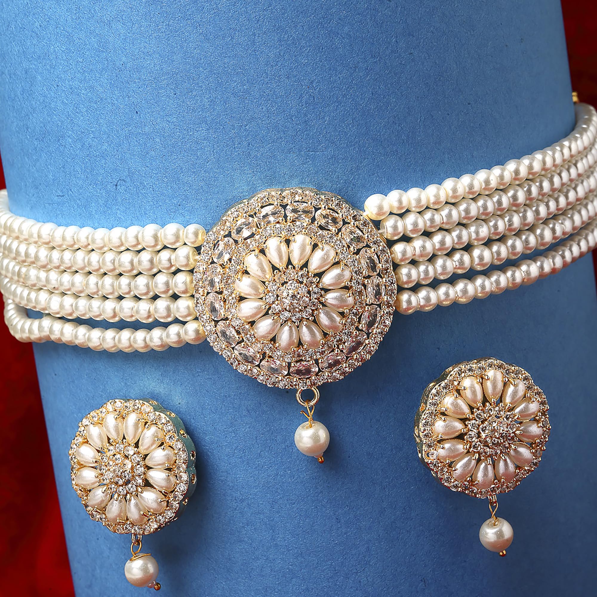 American Diamond Pearl Choker Necklace Set with Earrings