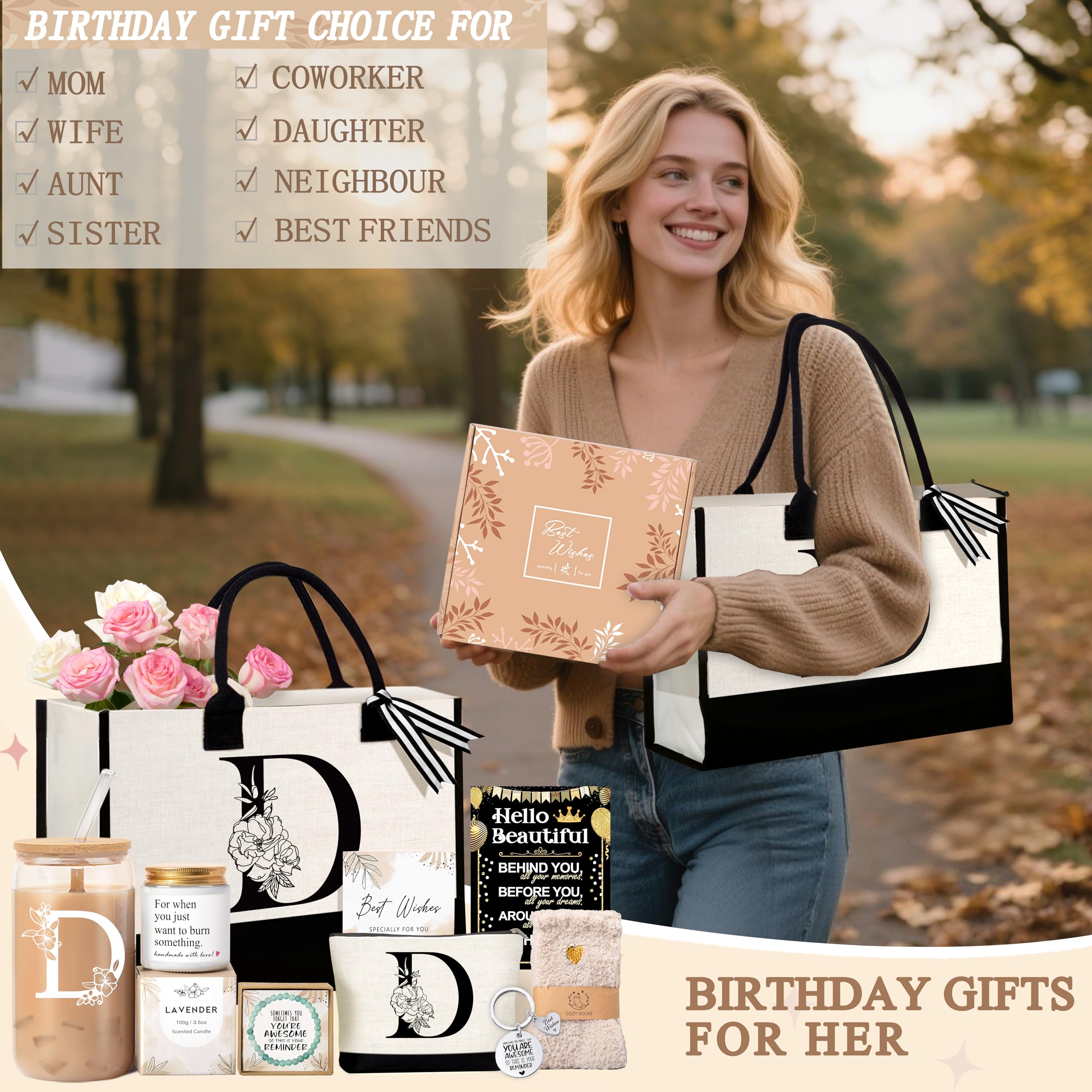 Lepiche Regalos de cumpleaños para mujeres, regalo con inicial monogramada para profesora, esposa, mamá, bolsa de mano, cesta de regalo de taza de vidrio personalizada para Navidad, Día de