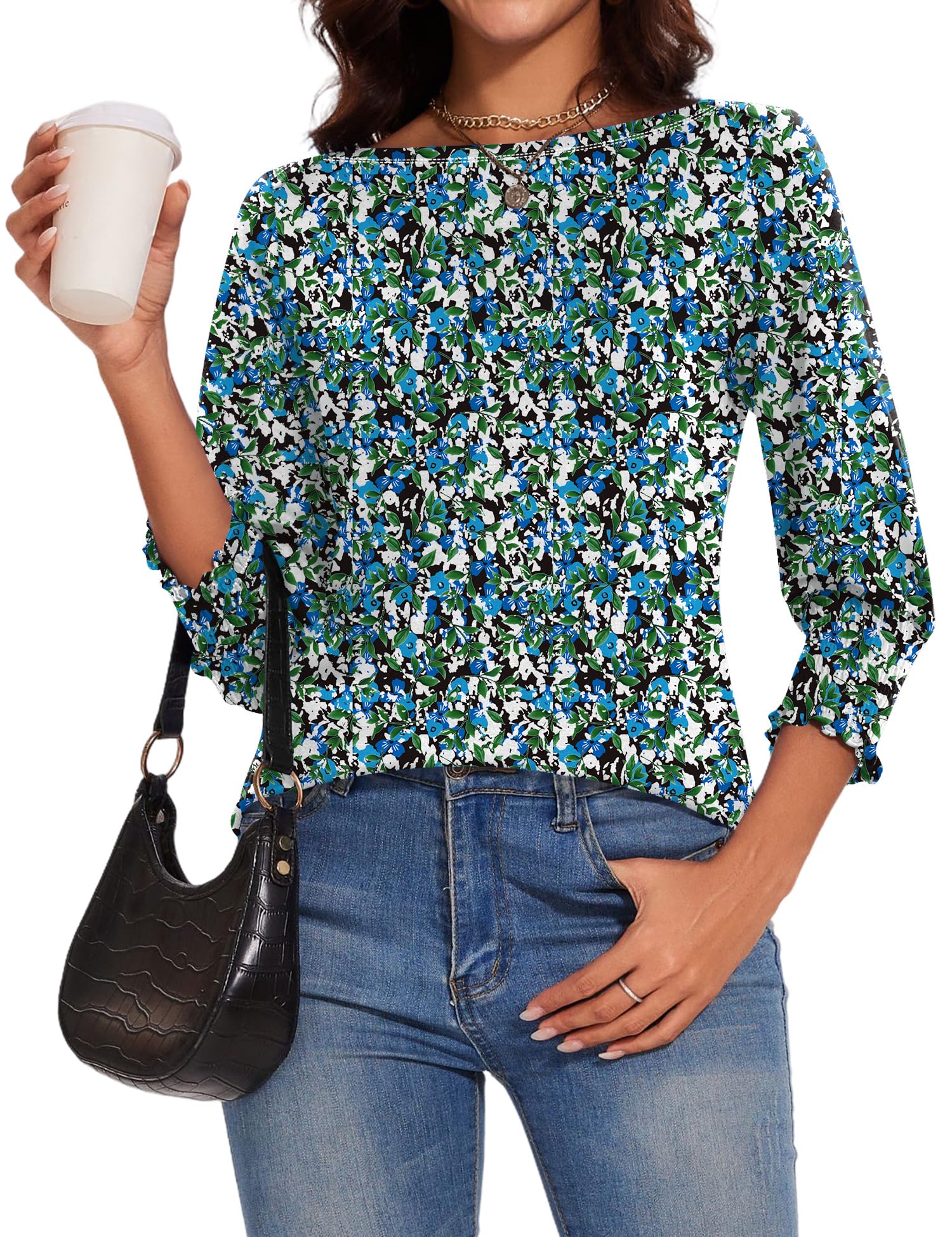 IECCP Haut d'été 2024 à manches 3/4 pour femmes, tendance, col rond, smocké, décontracté, t-shirt habillé