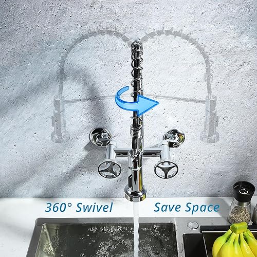Miniatura 6 de Grifo de cocina de montaje en pared con rociador abatible, grifo de fregadero de cocina comercial, 2 manijas, giratorio de 360, grifo montado en la