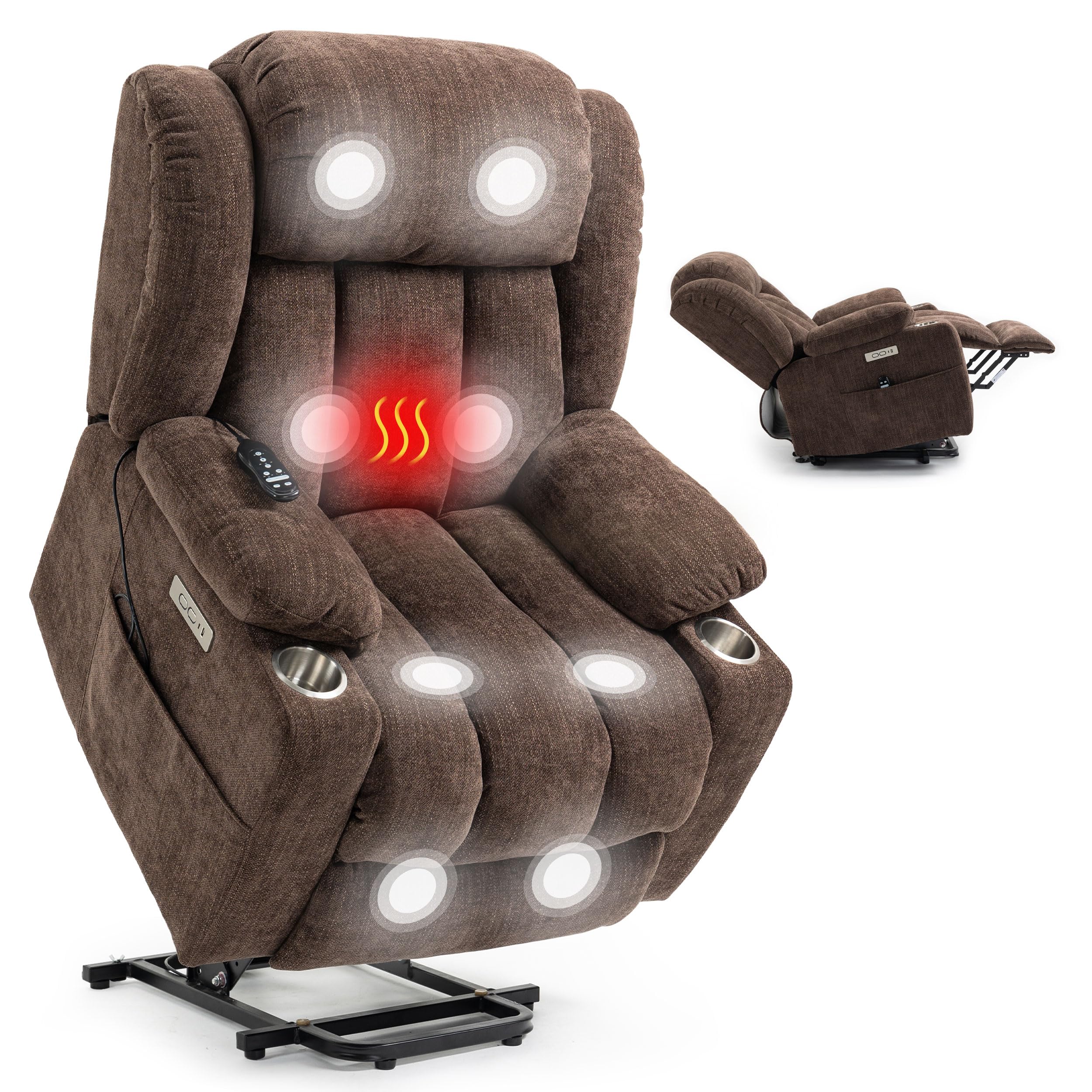 Power Lift Recliner Chair for Elderly People, Recliners Chair with Vibration Massage and Heat, Standing Assistance Reclining with Cup Holders&amp;Charging Ports, Chenille Fabric Brown