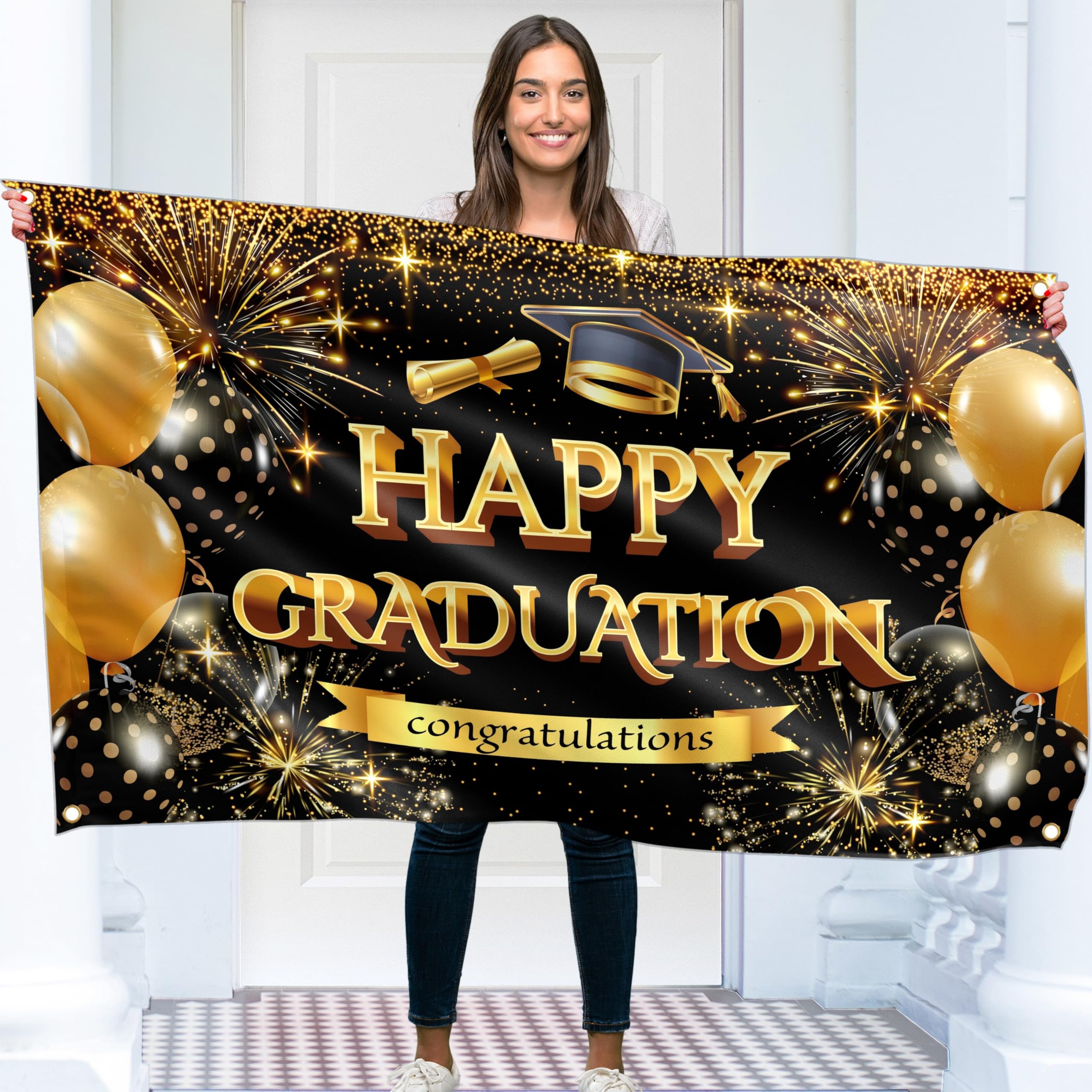 Graduation Banner - Congratulations Decorations 5x3ft - Well Done Banner - We Are So Proud of You - You Did It (Black & Gold)