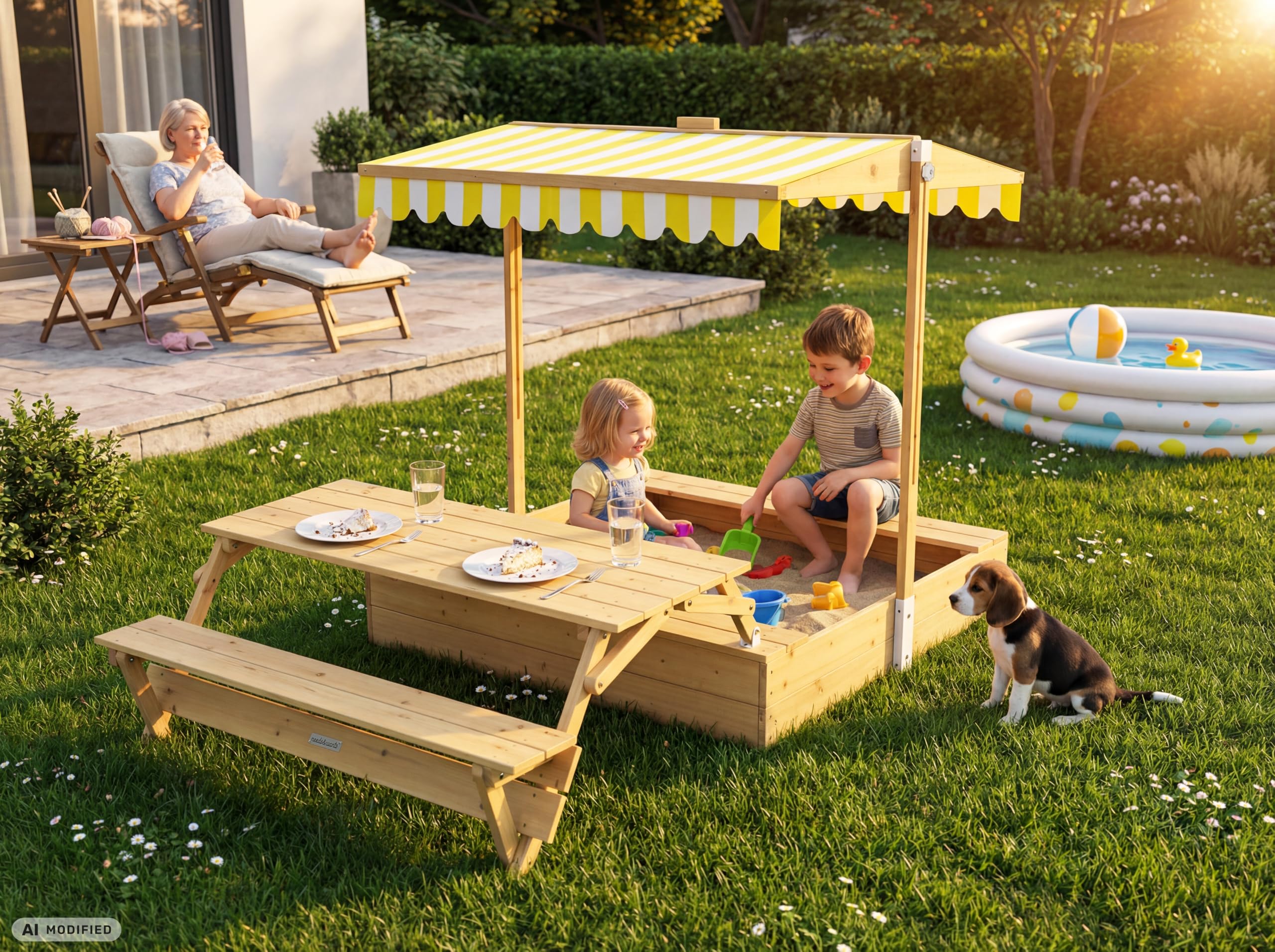 needs&wants® Bac à sable en bois avec table de pique-nique et toit, bancs et couverture, bac à sable pour enfants avec couvercle rabattable, protection UV, bac à sable carré pour jardin et aire de