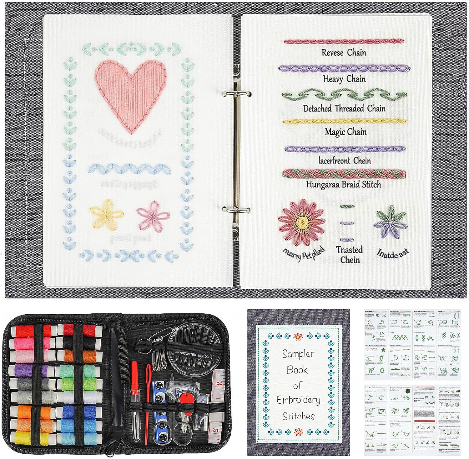 ilauke Upgraded Embroidery Stitch Book Loose-Leaf 7x8 inch, Embroidery Kit for Beginner Adults 106 Patterns, DIY Sewing Books Kit with Supplies & Tutorials, Easy to Practice
