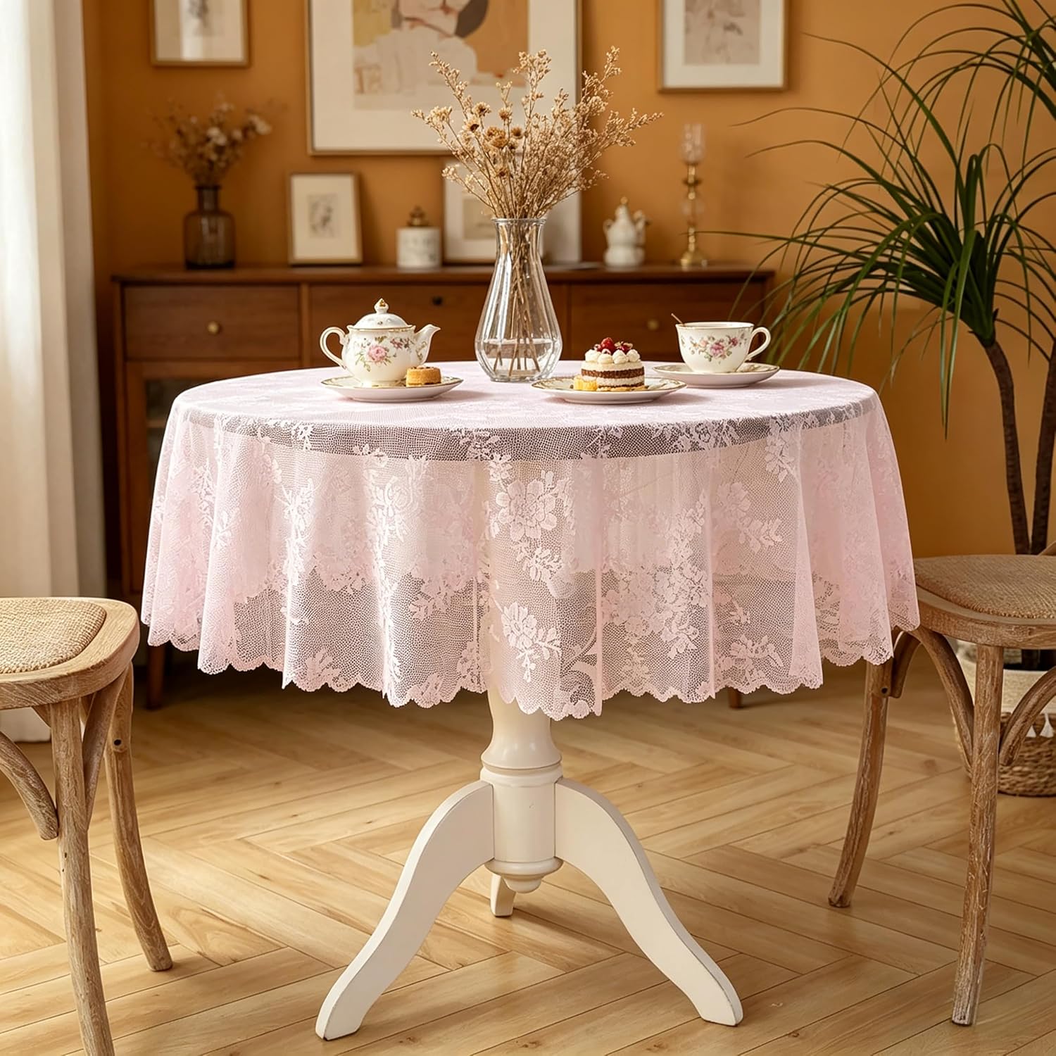 Round Tablecloth Rustic Tablecloth or as Elegant Lace Table Cloth (Pink, 78in（Round)