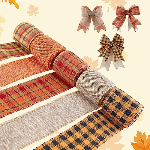 Cinta de arpillera de 5 colores  Total de 27 yardas de otoño, rollos de cinta con borde con alambre para coronas, lazos de envoltura de regalos,