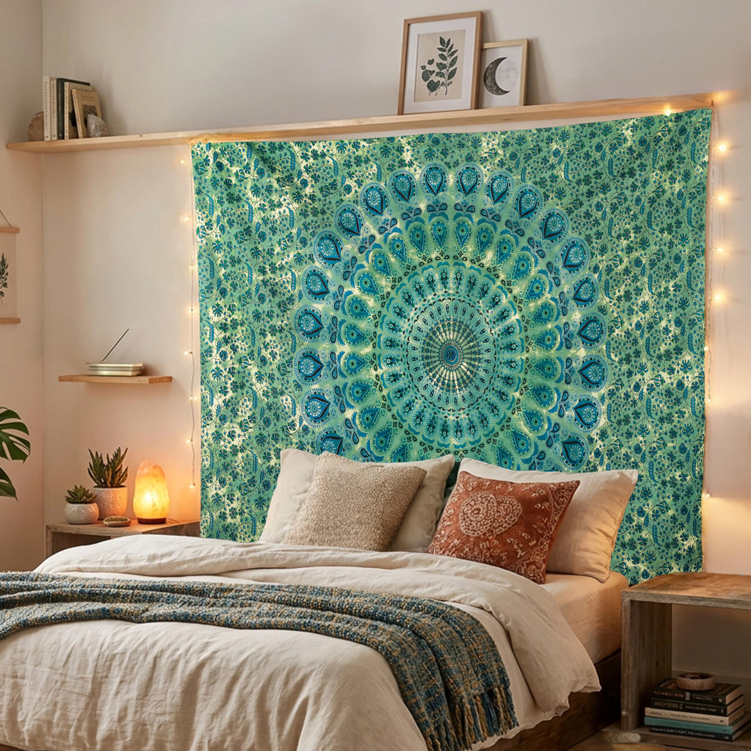 FURNISHFUL FINESSE Mandala Wandteppich Grün Wandbehang Wandteppiche Boho Pfau Wandtuch für Dekor Zuhause und Wohnzimmer– 228 x 274 cm