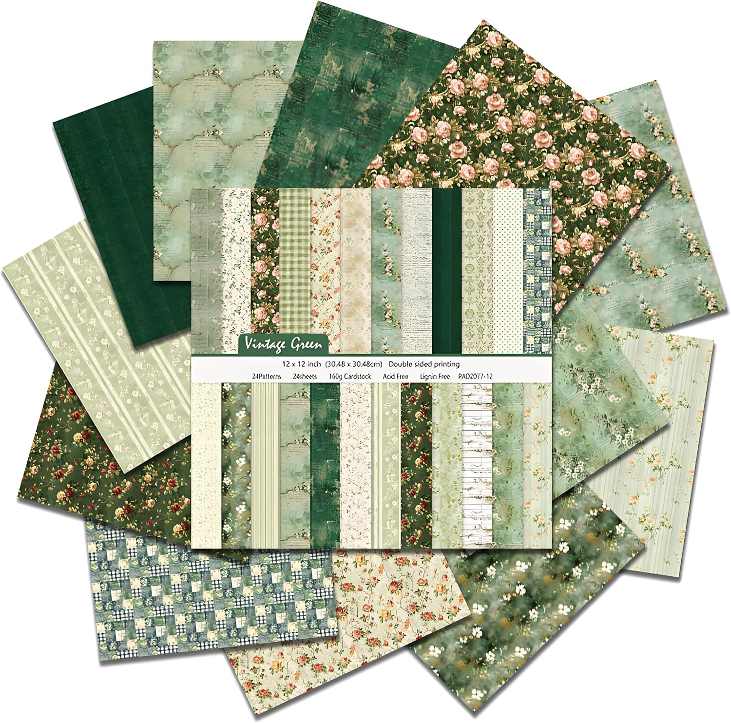 VIVIQUEN 24 Sheets Green Floral Double-Sided Scrapbook Paper, 12x12 Inch Vintage Flowers Texture Craft Paper Folded Flat for DIY Decorative Background Card Making Photo Album Junk Journal Decor