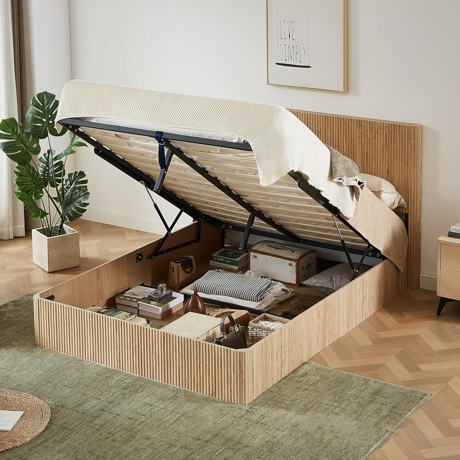 King Size Solid Wood Platform Bed Frame, Wooden Platform Bed Frame with Lift Storage, Solid Wood Leg/No Box Spring Needed/Noise Free/Walnut