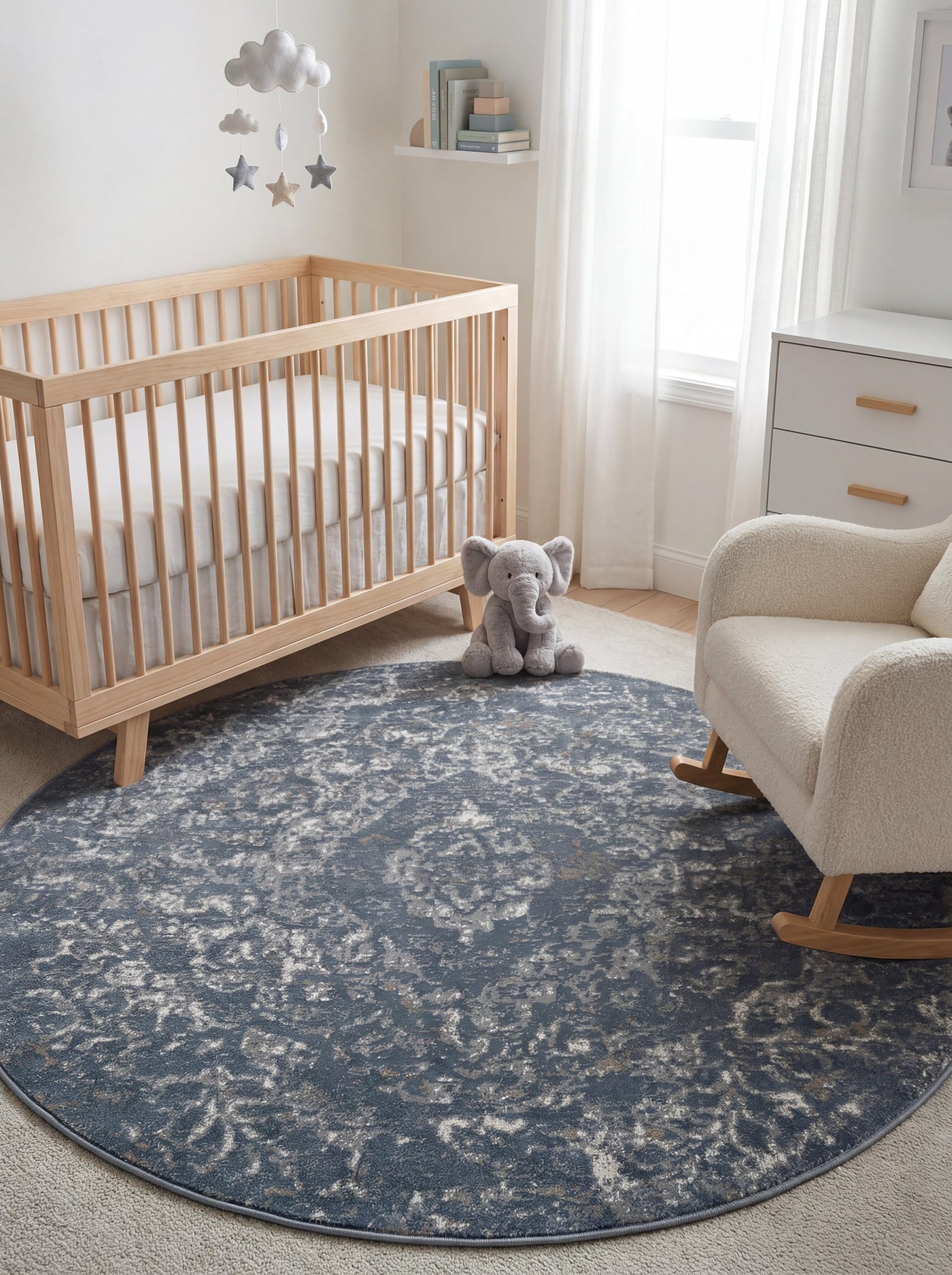 Rugs.com Oregon Collection Rug – 7 Ft Round Blue Low-Pile Rug Perfect for Kitchens, Dining Rooms