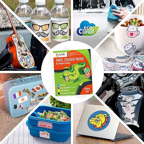 Vista 23 de Papel adhesivo de vinilo imprimible, papel de calcomanía impermeable para impresora de inyección de tinta, 30 hojas autoadhesivas, blanco mate