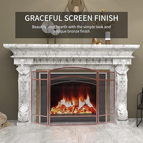 Miniatura 8 de Fire Beauty Pantalla para chimenea de 3 paneles de hierro forjado de 48 pulgadas de largo x 29 pulgadas de alto, cubierta de protección contra