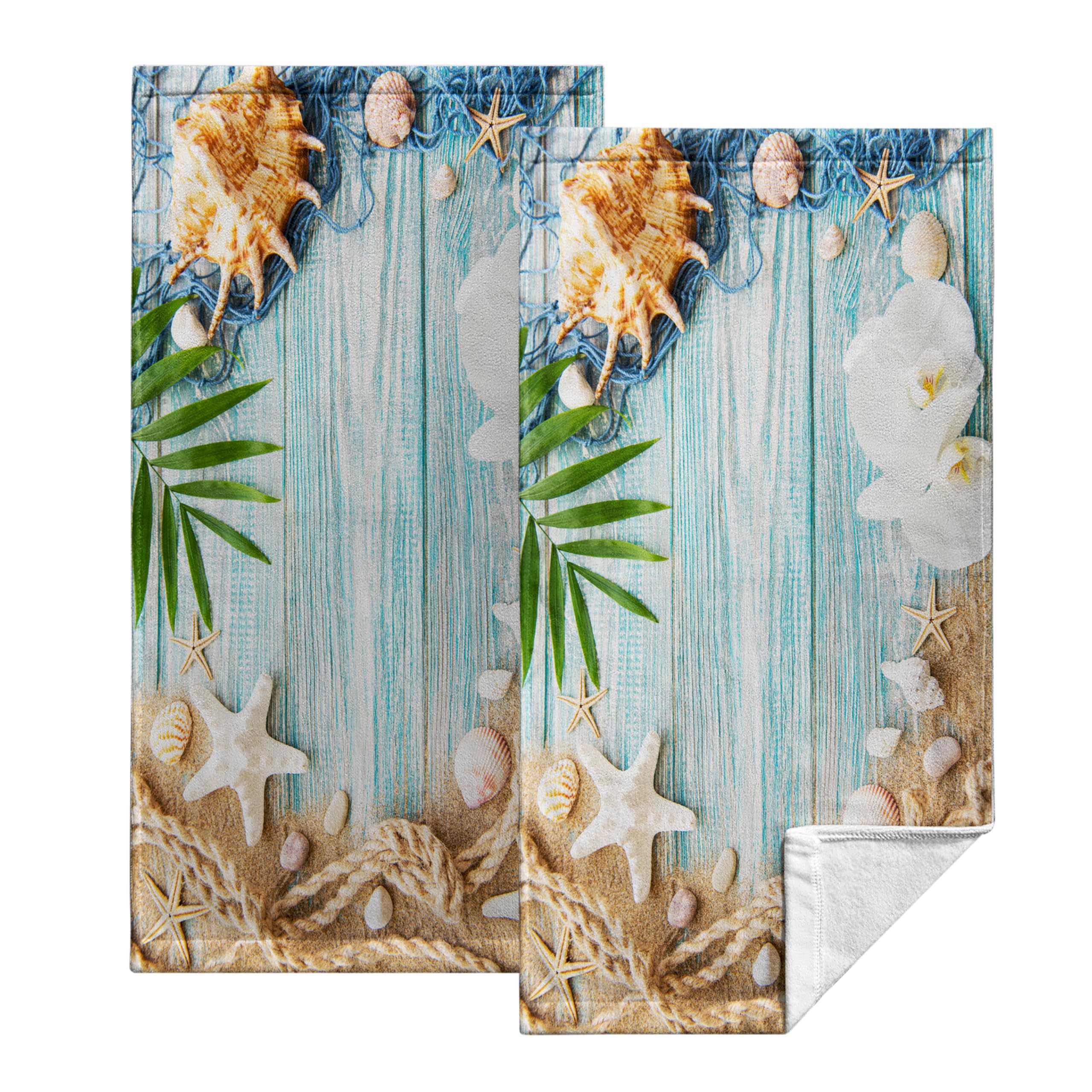 Kwlegh Beach Hand Towels Set of 2 Coastal Wooden Sandy Kitchen Towels Starfish Seashells Bathroom Hand Towels Ocean Nautical Highly Absorbent Face Towels 14.4x28.3 for Bathroom Hotel Guest