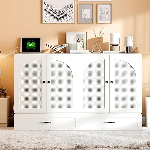 Queen Size Murphy Bed with Large Drawers and Decorative Cabinet Doors, Traditional Solid Wood Murphy Bed Chest Cube Cabinet Bed for Guest Room Home Office, Space-Saving (White-ZS2, Queen)