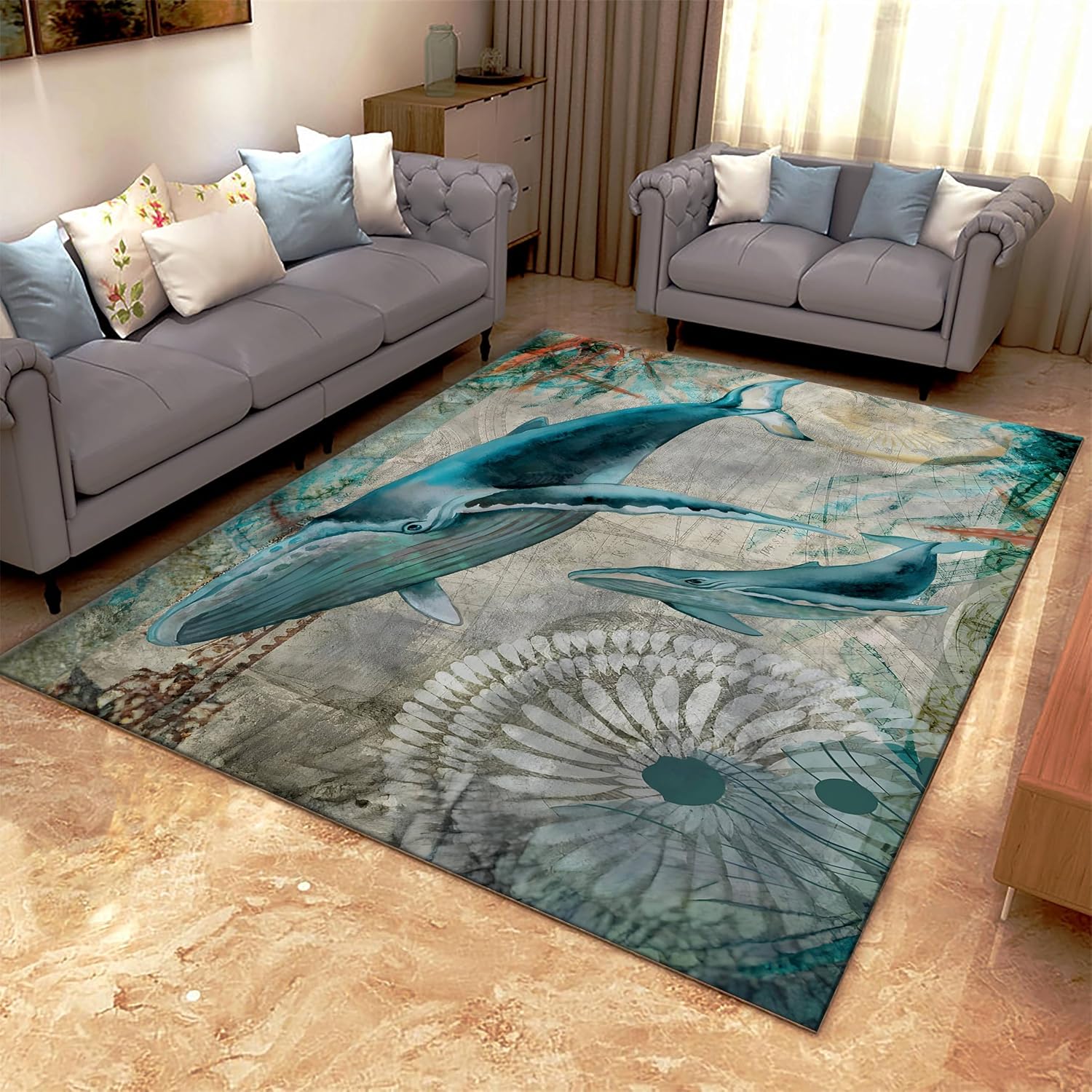 Ocean Rug，4x6ft,Blue Whale Nautical Map Area Rugs, Ocean Animal Print Rug, Retro Indoor Underwater World Non-Slip Washable Carpet for Bedroom Living Room Bathroom Kitchen