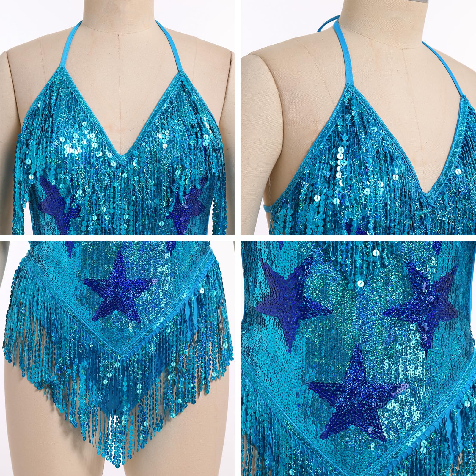 FYMNSI Body à paillettes scintillantes dos nu col en V une pièce à franges à paillettes pour femme