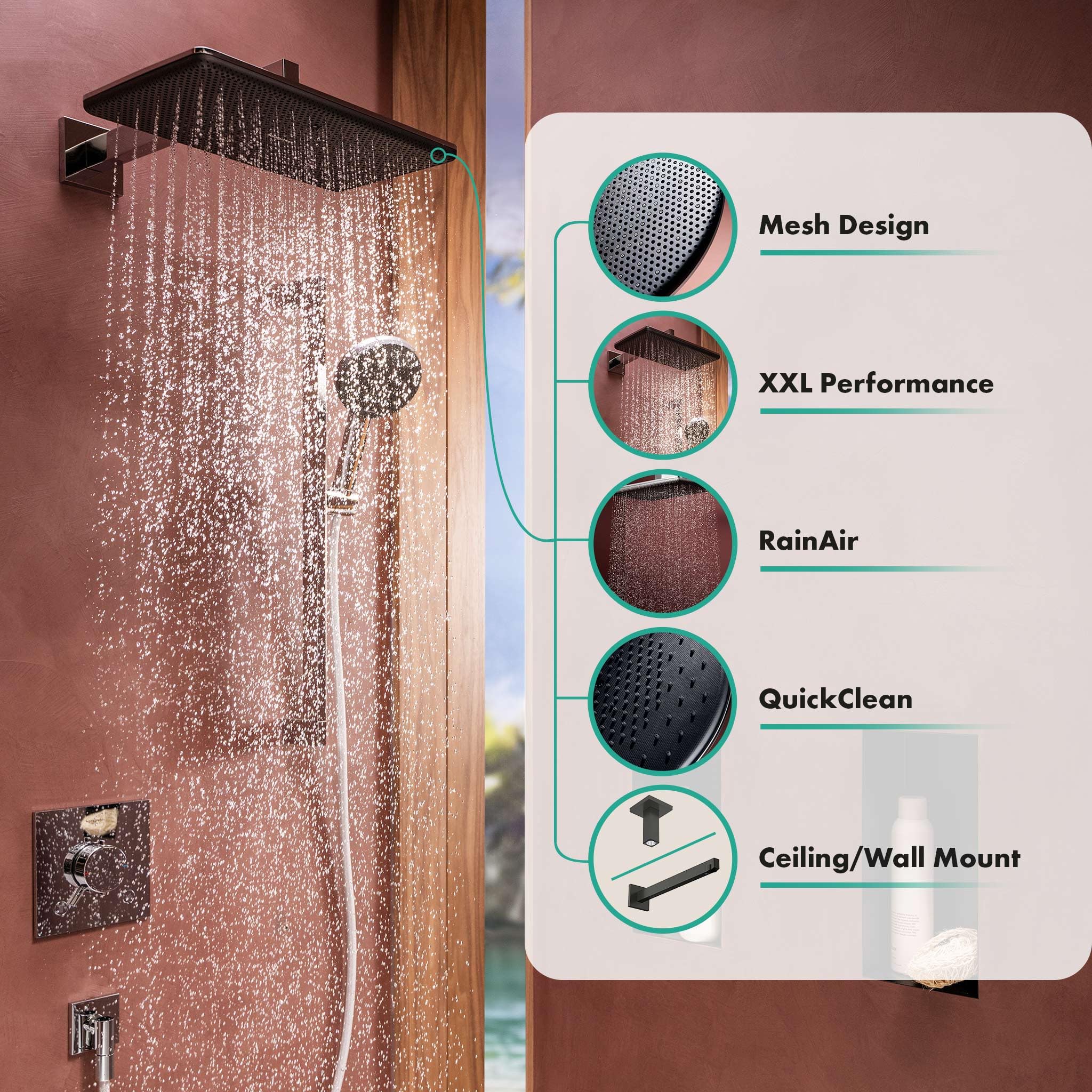 hansgrohe Raindance Alive Q - rociador de ducha, ducha fija (210 x 340 mm), cabezal de ducha lluvia con 1 tipo de chorro (PowderRain) para conexión pared y techo, negro mate, 24530670