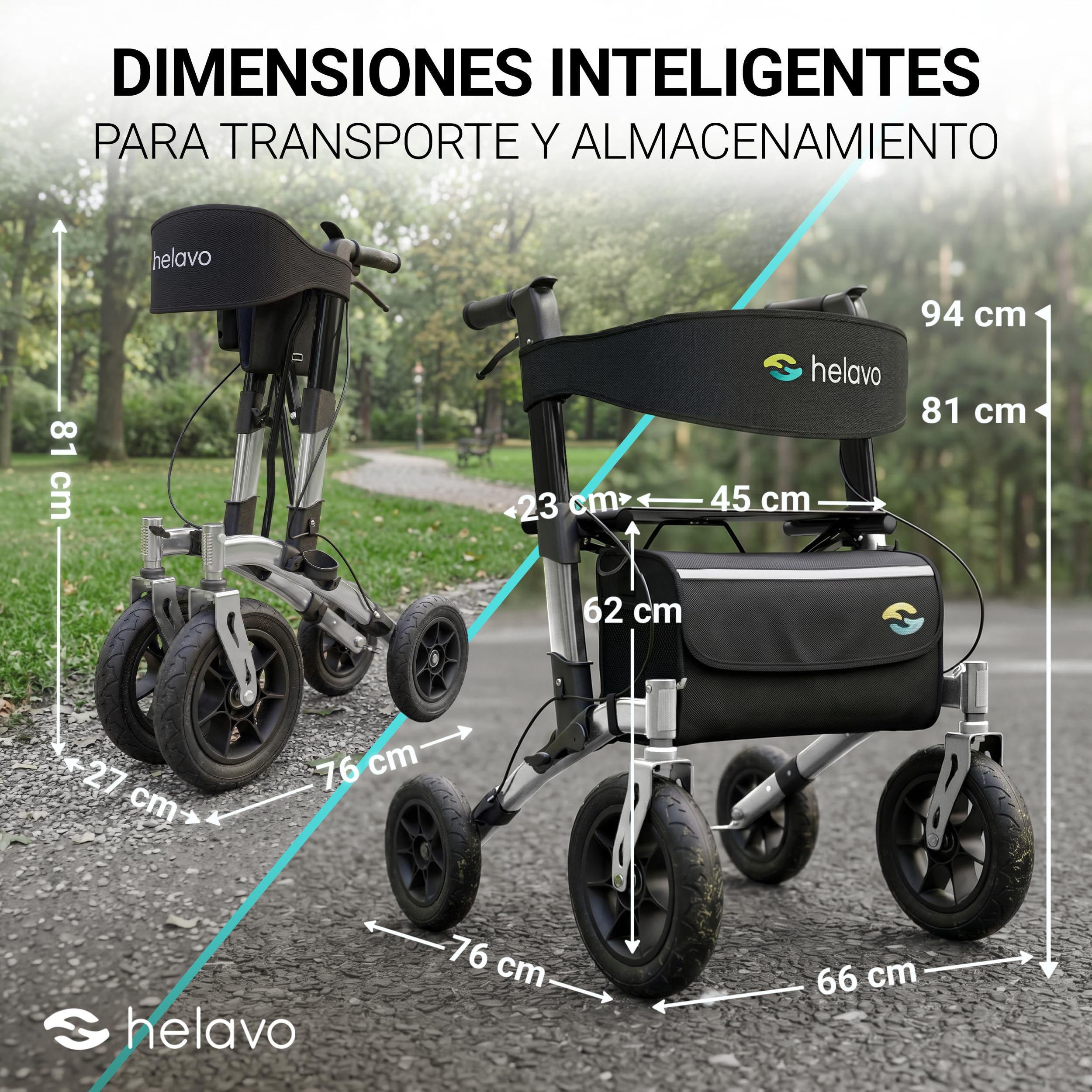 Helavo andador para exteriores con ruedas de caucho macizo antipinchazos - Andador para ancianos de aluminio plegable con asiento - Máxima movilidad y comodidad en exteriores