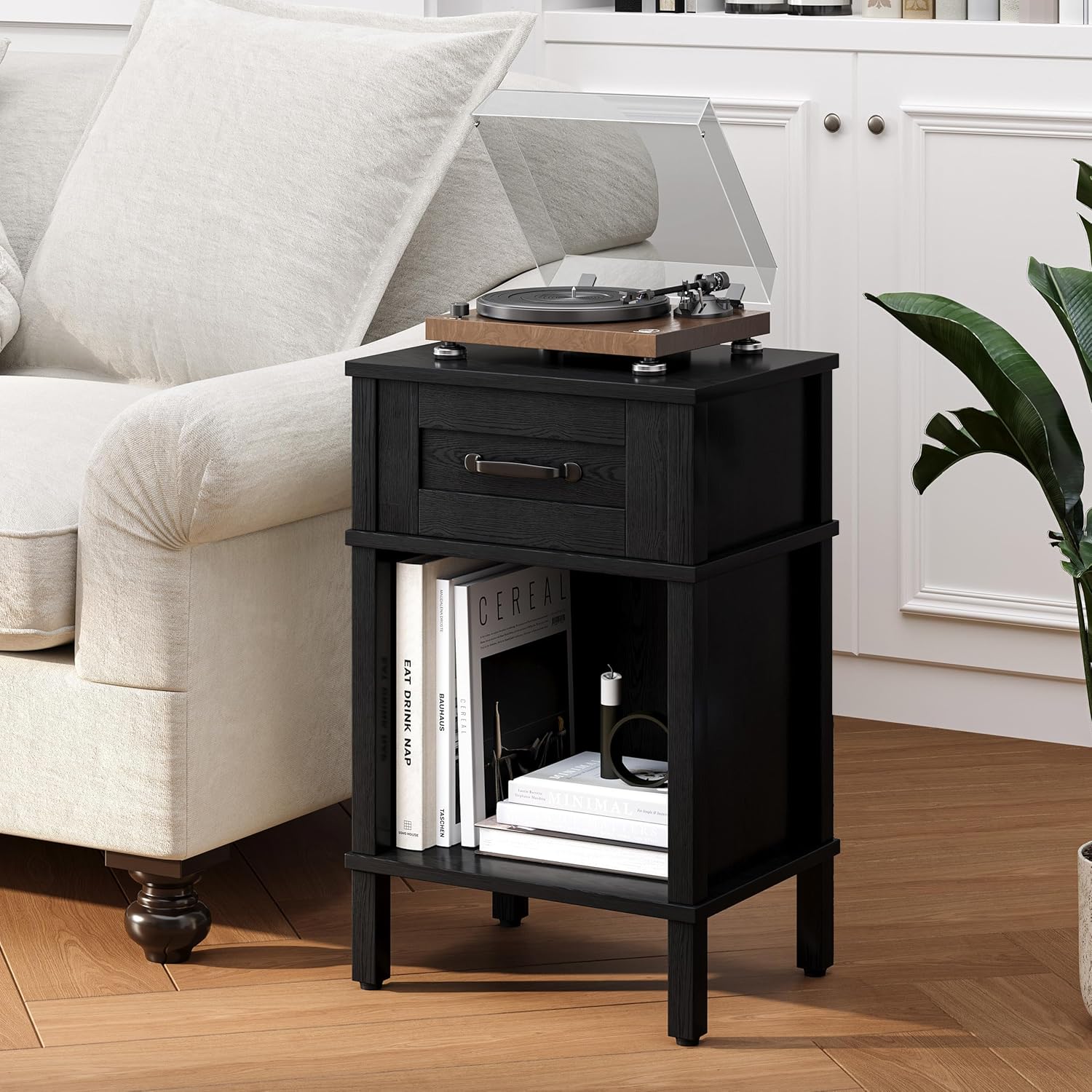 Farmhouse Nightstand with Drawer, Small Wood Side Table, Wooden Bedroom Nightstand, Wood Night Stand, Black Bedside Table with Storage, Black End Table for Living Room LET512B - Image 2