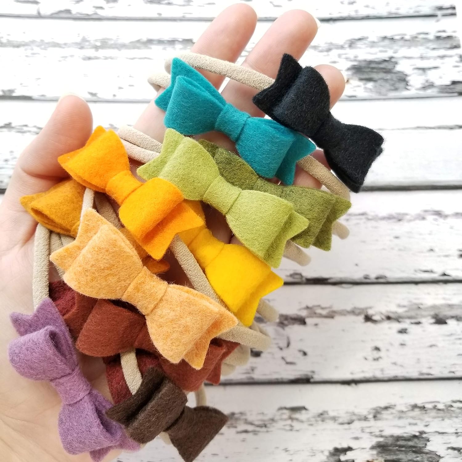 Baby bows and headbands, Soft nylon headbands, newborn to toddler, Rainbow Colors, set of 12 (Rustic Rainbow)
