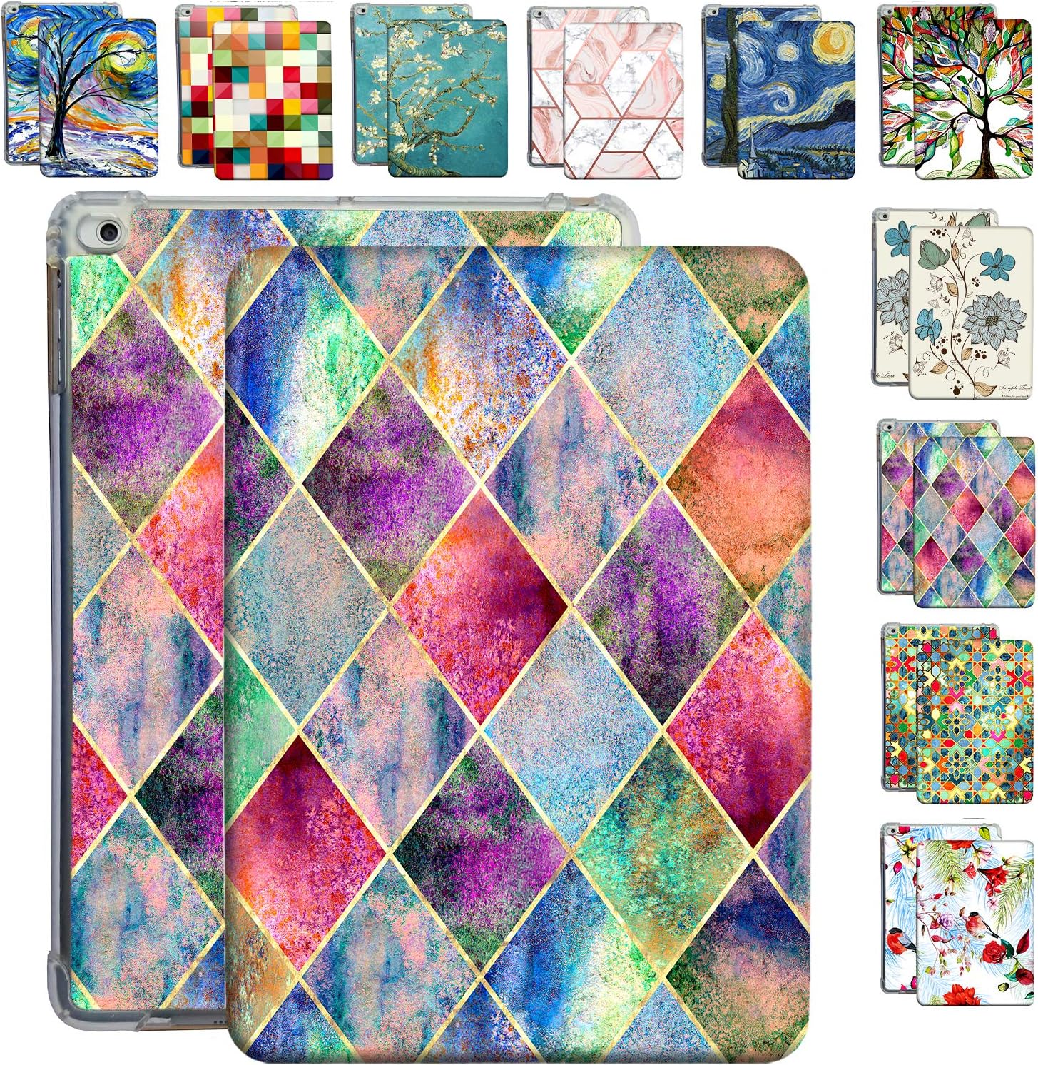 DuraSafe Cases for iPad 9.7 5th 6th Gen Air 1st 2nd Generation [iPad 5 6 Air 1 2] A1893 A1822 A1566 A1474 MH2V2LL/A MRM52LL/A MP242LL/A TPU Printed Flip Case with Corner Protection - Diamond Grid