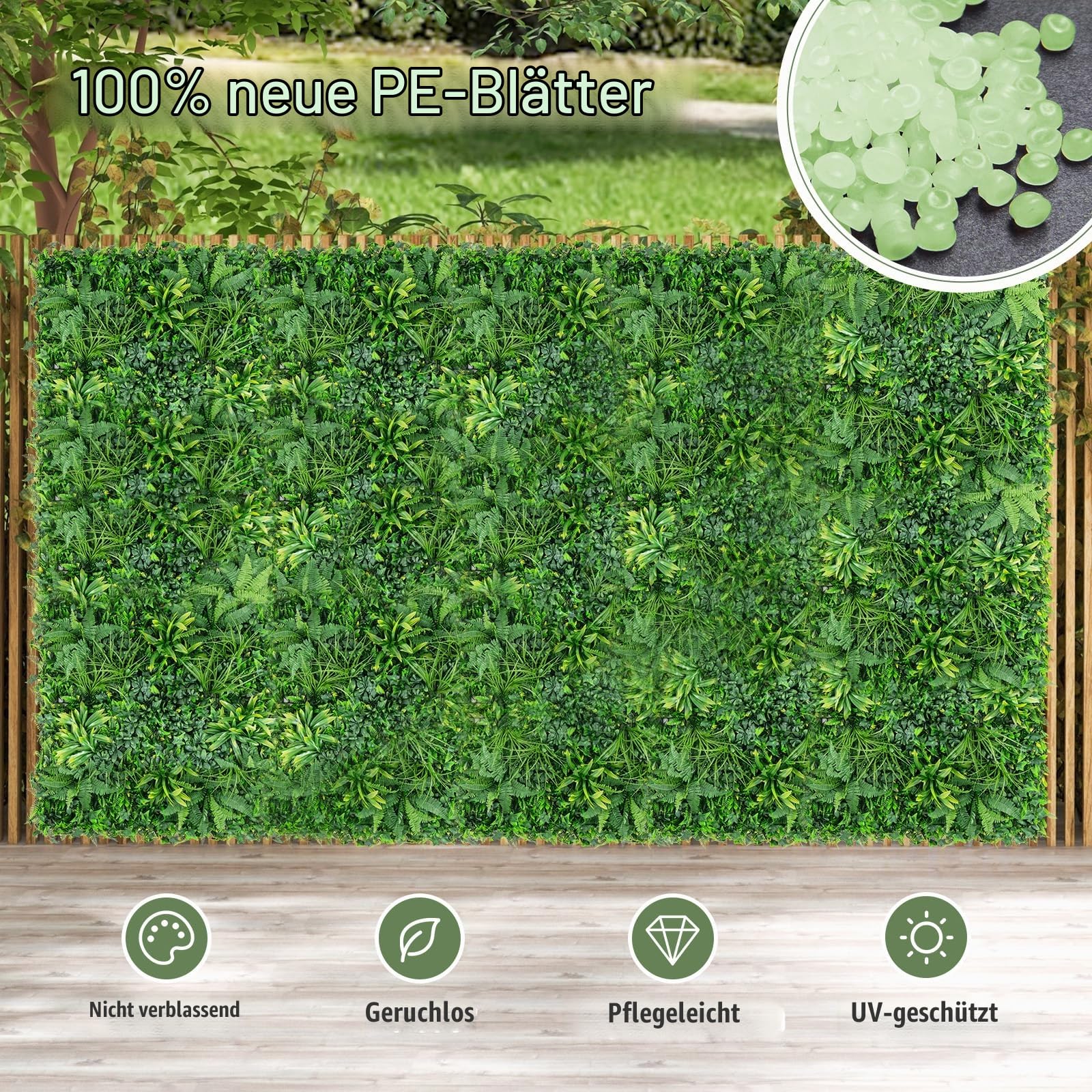 SOARS 4 Stück Künstliche Pflanzenwand, Hecke 50x50cm mit UV-stabilisierten Paneelen & verschiedenen Blättern, für Wohnzimmer, Garten, Wand, Hochzeit, Grün