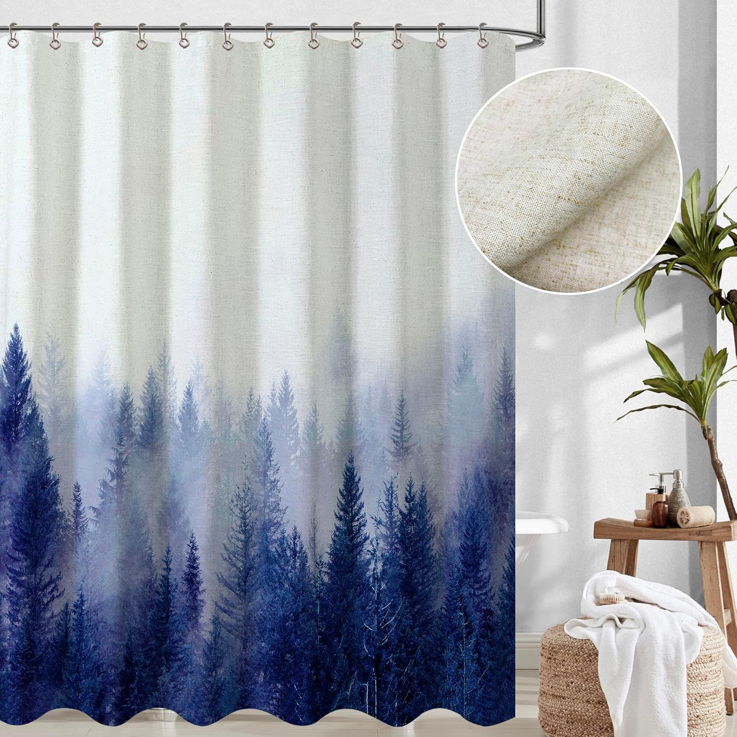 ORTIGIA Linen Misty Forest Shower Curtains for Bathroom, Blue Nature Woodland Shower Curtain, Fabric Textured Fog Magic Tree Bath Curtain, Waterproof Weighted Washable-72x72 with 12 Metal Hooks