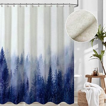 ORTIGIA Linen Misty Forest Shower Curtains for Bathroom, Blue Nature Woodland Shower Curtain, Fabric Textured Fog Magic Tree Bath Curtain, Waterproof Weighted Washable-72x72 with 12 Metal Hooks