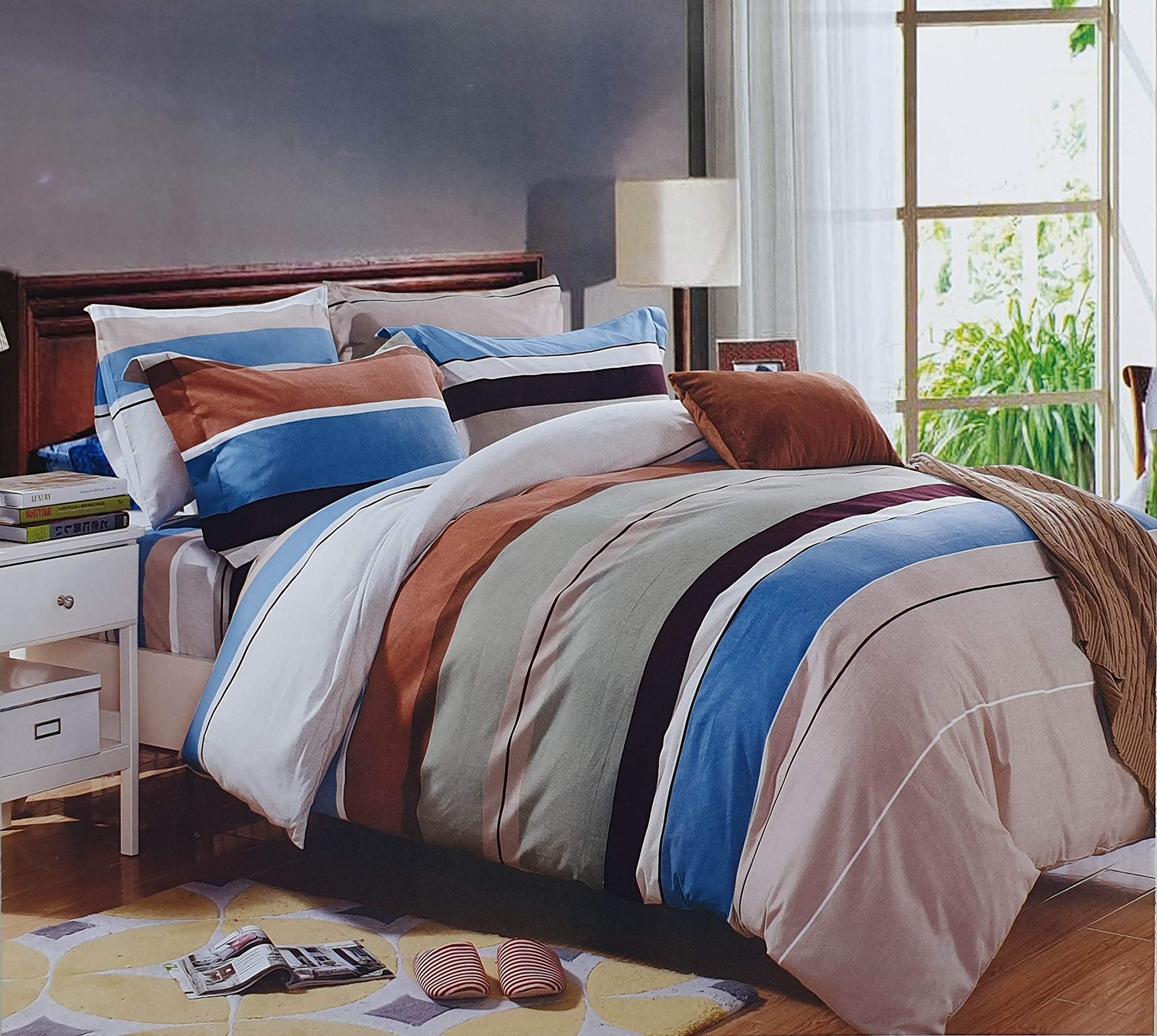 Housse de couette lit double et taies d'oreiller rayures marron bleu 90g/m²