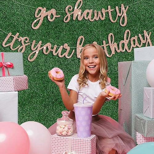 Miniatura 6 de Cartel de oro rosa con texto en inglés "Go Shawty It's Your Birthday", "NO DIY", cartel de feliz cumpleaños con purpurina con temática de hip hop,