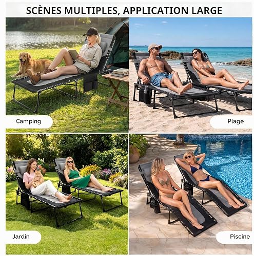 LIFERUN Folding Sun Lounger for Garden, Oversize 200 x 68 cm Garden Recliner Chairs with 5-Position Adjustable Backrest & Pillow, Portable Camping Bed for Beach, Patio, Pool, Office, Sunbathing - 6