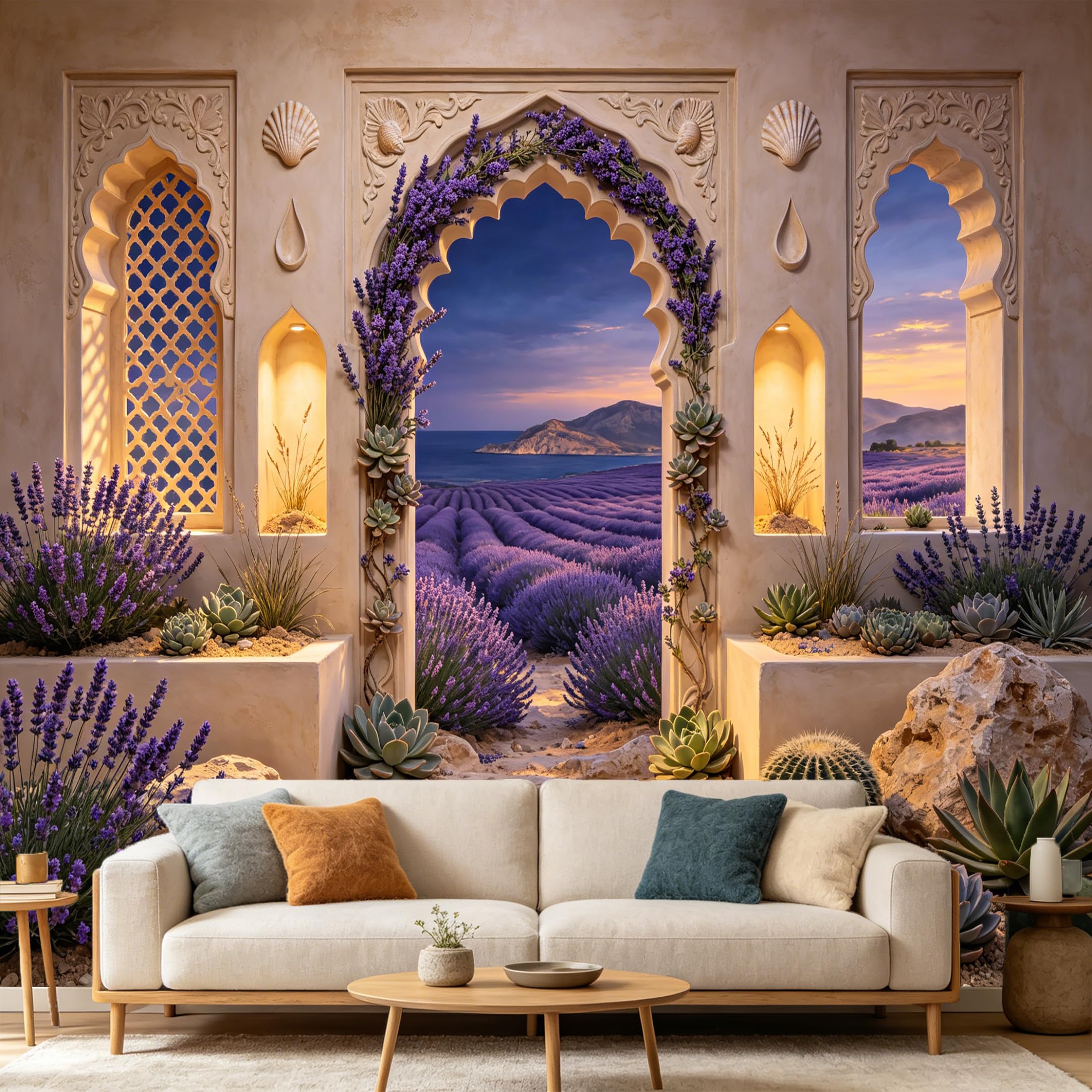 Custom Size Wall Mural， Mediterranean Lavender Field Sunset Archway 3D Landscape， SelfAdhesive Art Prints wall Fabric Removable Large Wallpaper Home Living Room Decor