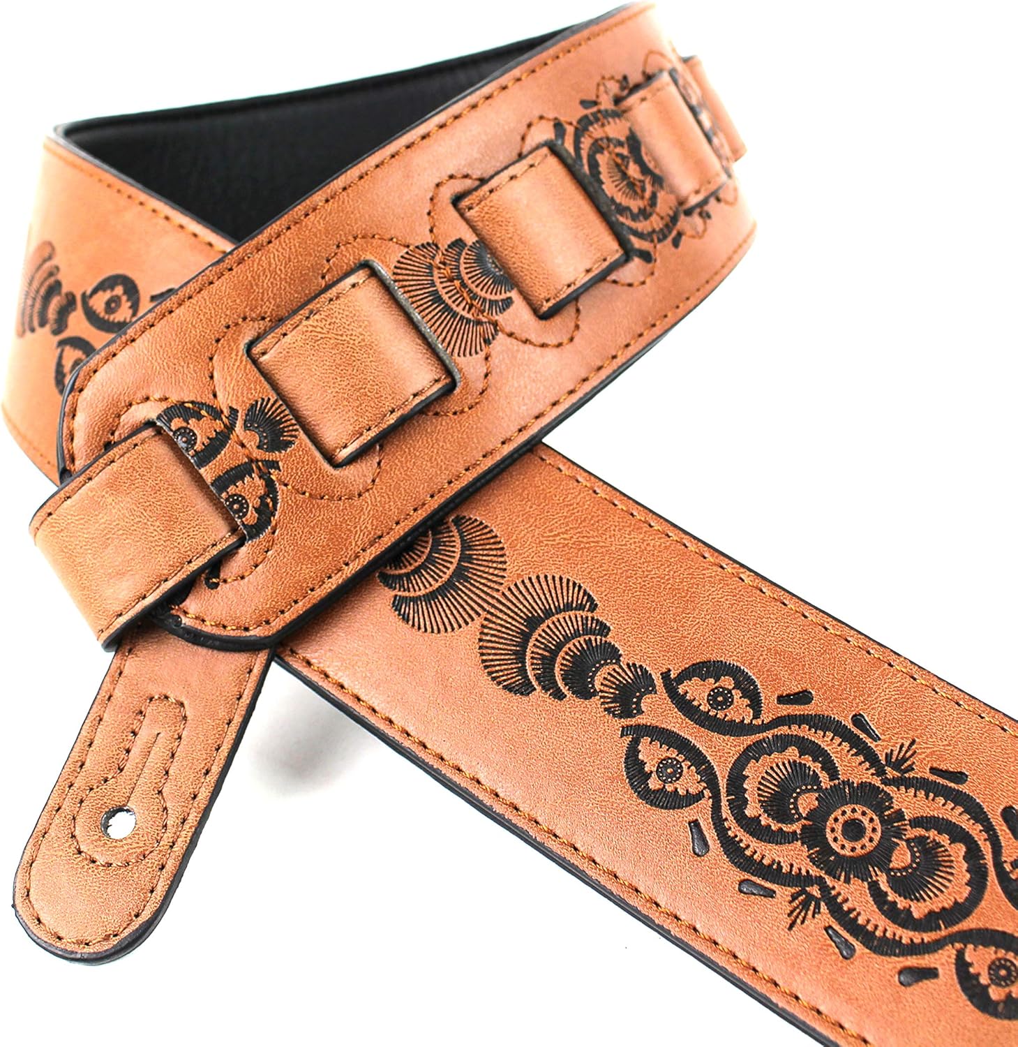 Walker & Williams G-504 Saddle Tan Tooled Leather Strap with Padded Glove Leather Back