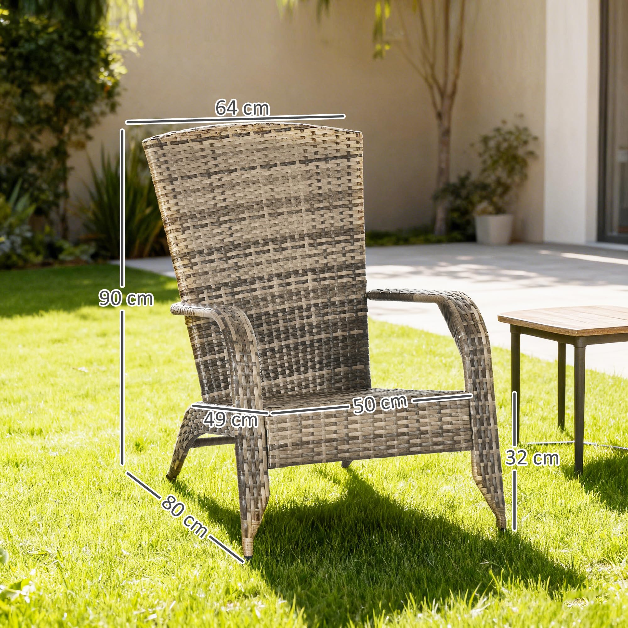 Outsunny Adironrack Silla de jardín con reposabrazos y Cojines, Silla de ratán y Acero para Interior y Exterior, 64x80x90 cm, Mezcla de marrón y Gris Oscuro