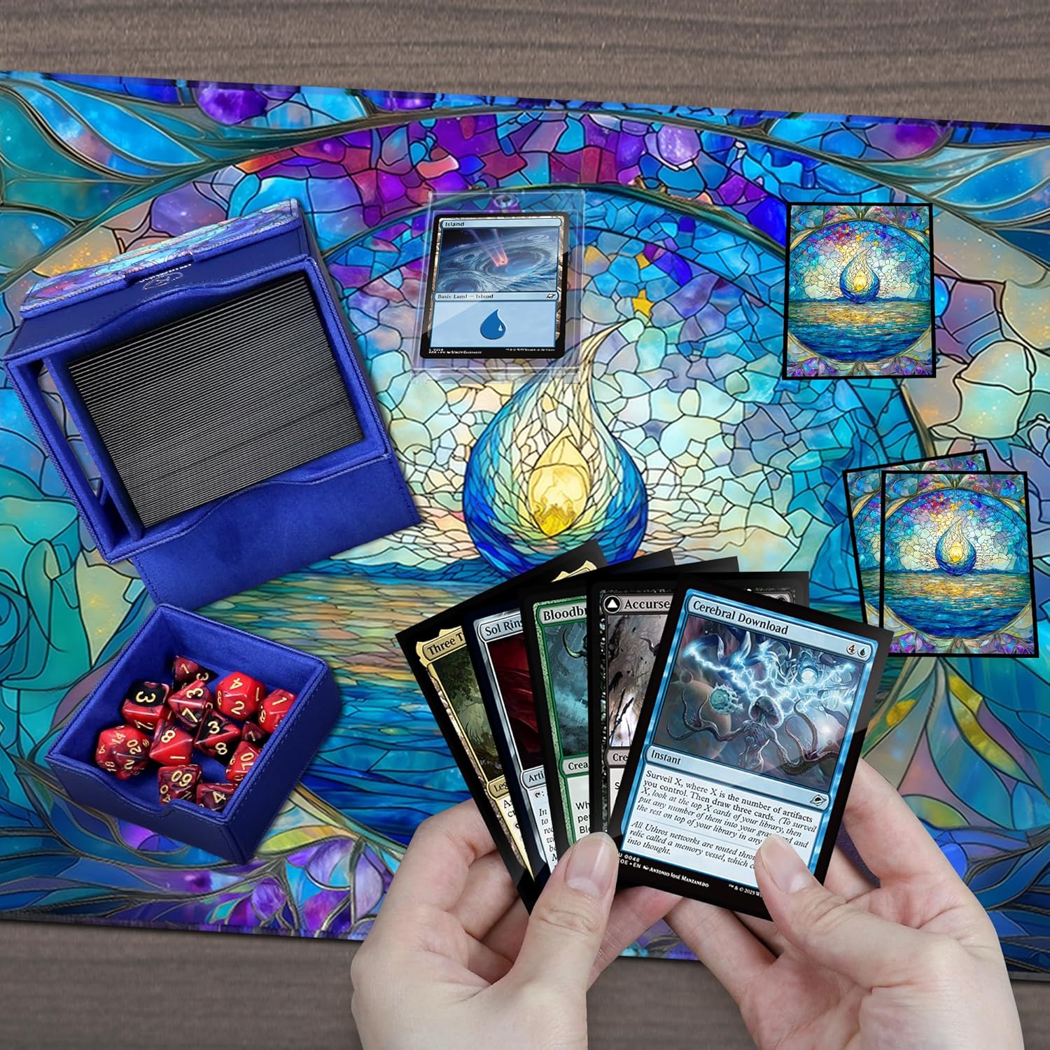 Card Deck Box for MTG Commander, Trading Cards Case Holds 100 Double-Sleeved Cards with Commander Display and Dice Tray-Island