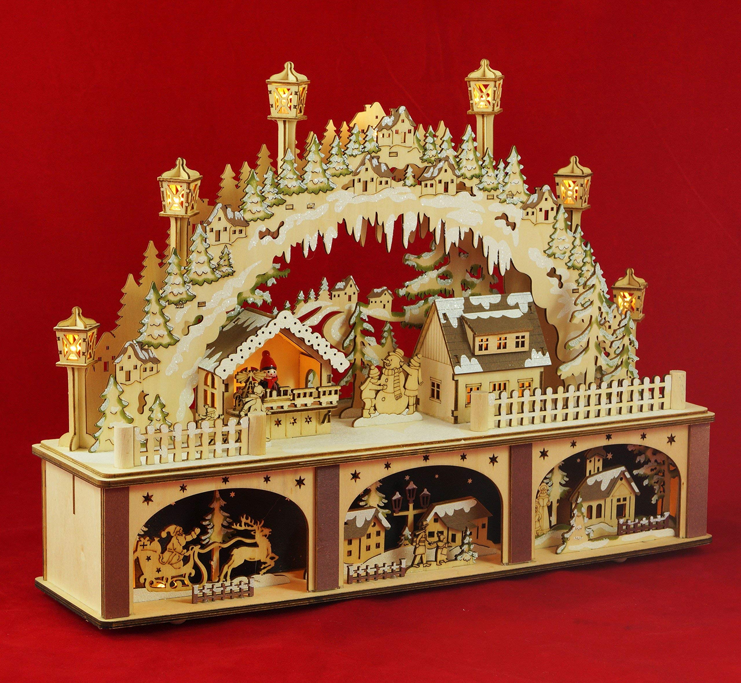 Wichtelstube-Kollektion XL Holzkunst LED Schwibbogen mit Podest Weihnachtsdorf Schwippbogen Lichterbogen Echtholz, Batteriebetrieben mit Timer, Weihnachtsdeko Fensterbank, 45cm Breite