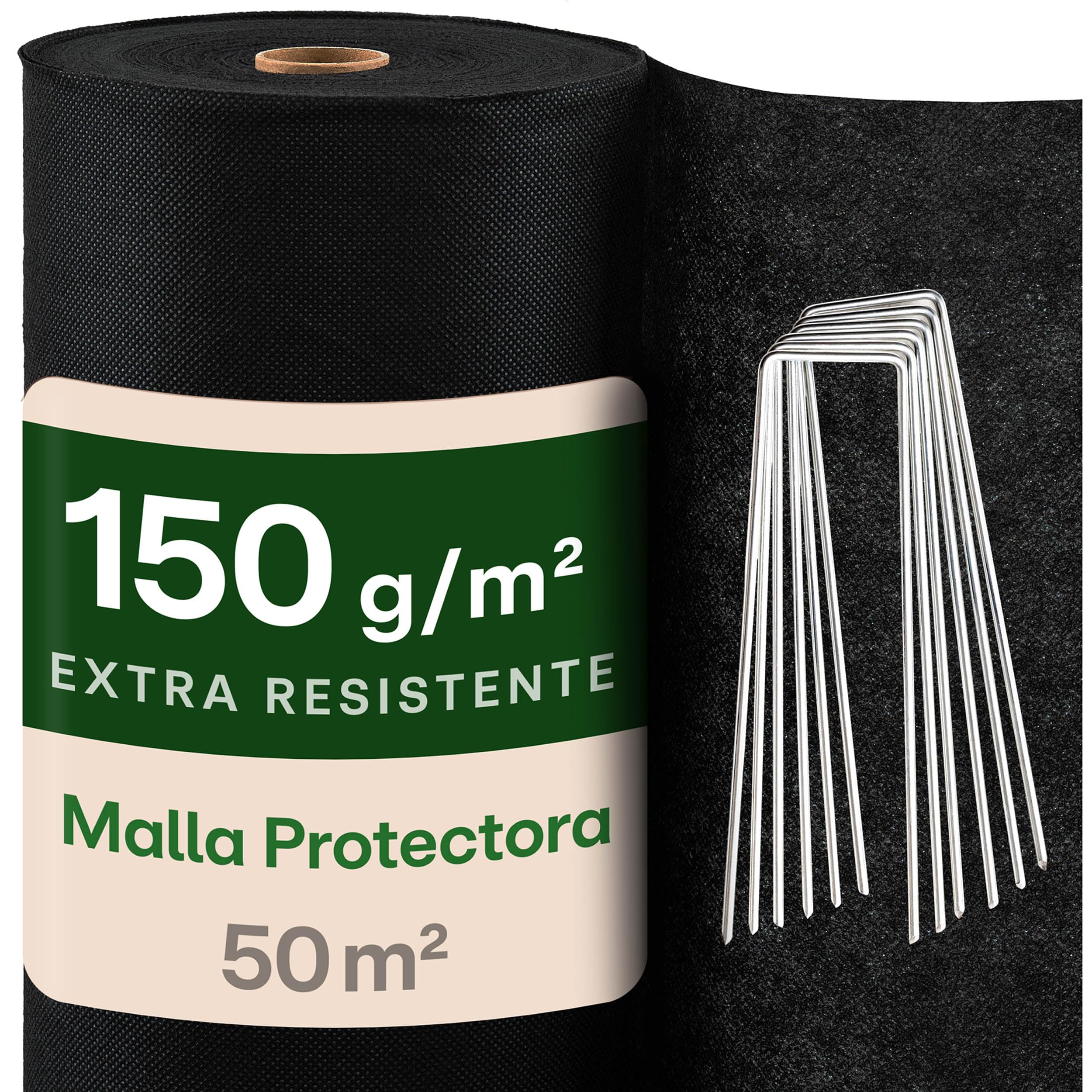 Praknu Malla Antihierbas Geotextil 150g/m² con 24 Anclajes – Extra Resistente & Antidesgarros – 50m² Malla para Mulching & Control de Maleza – Ideal para Caminos, Grava & Jardines de Piedra